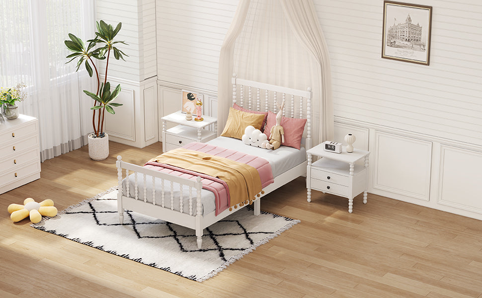 Twin Size Wood Platform Bed with Gourd Shaped Headboard and Footboard, White