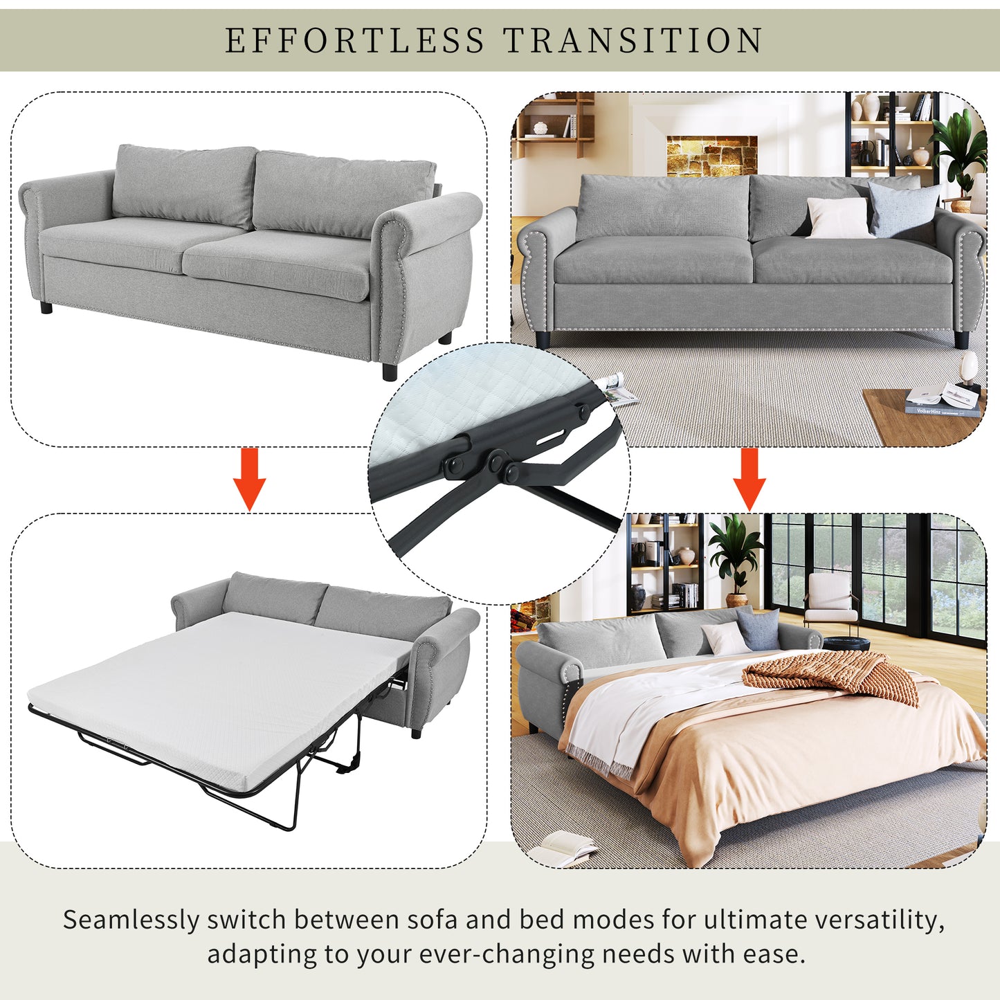 U_Style 80.7'' 2-in-1 Sofa Bed Sleeper with Large Memory  Mattress(63''*70.9*3.3 inch), for Living Room Spaces  Bedroom