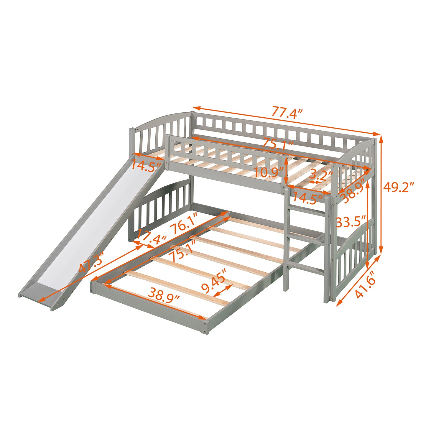 Gray Twin Bunk Bed with Slide, Ladder, and Space-efficient Design