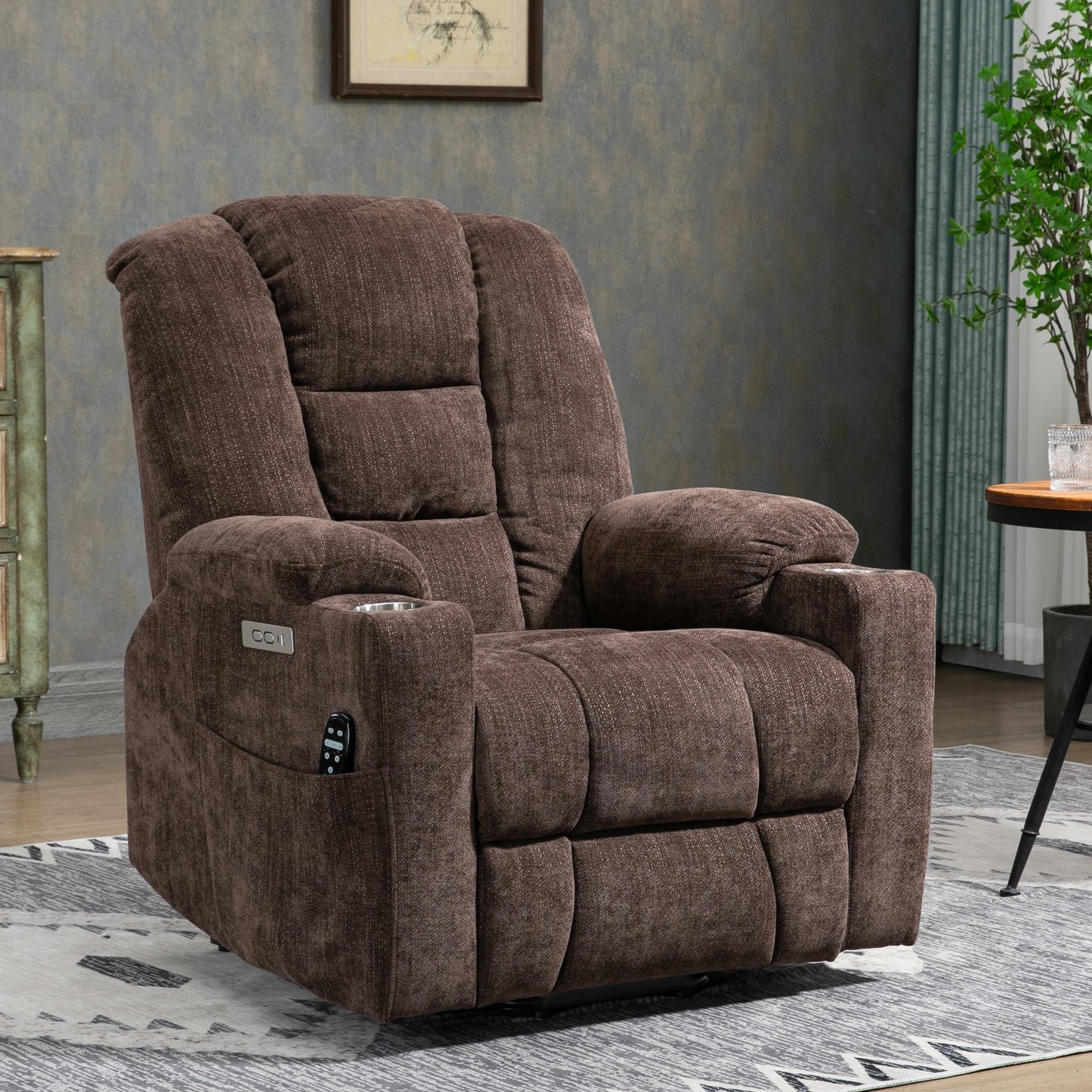 EMON'S Large Power Lift Recliner Chair with Massage and Heat, Overstuffed Wide Recliner with USB and Type C Ports, Brown