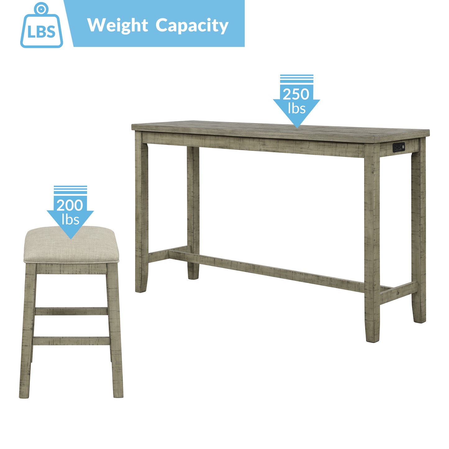 4 Pieces Counter Height Table with Fabric Padded Stools,Rustic Bar Dining Set with Socket,Gray Green