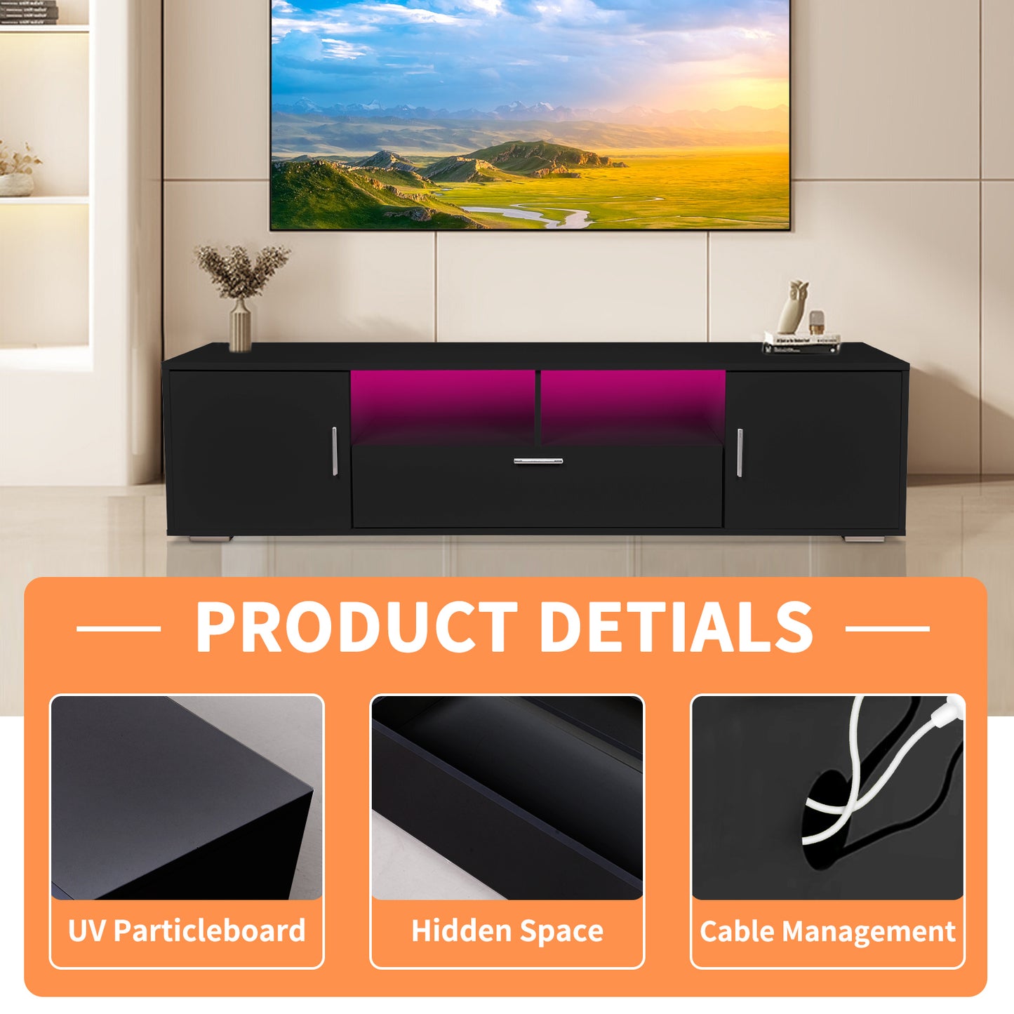 Sleek LED TV Stand with Storage - Enhanced Entertainment Center for Up to 75-inch TVs