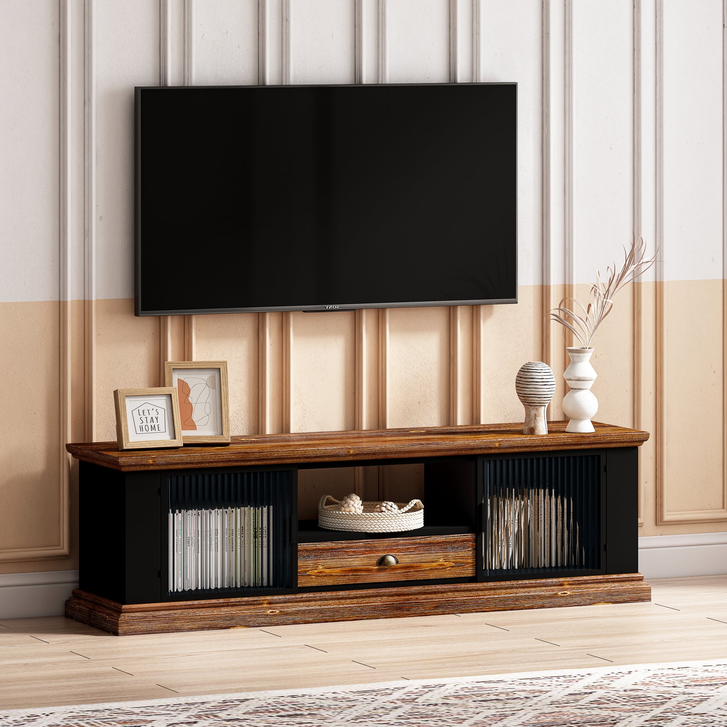 Sleek TV Console Table with Storage Cabinets and Drawer, Media Cabinet for Home Decor