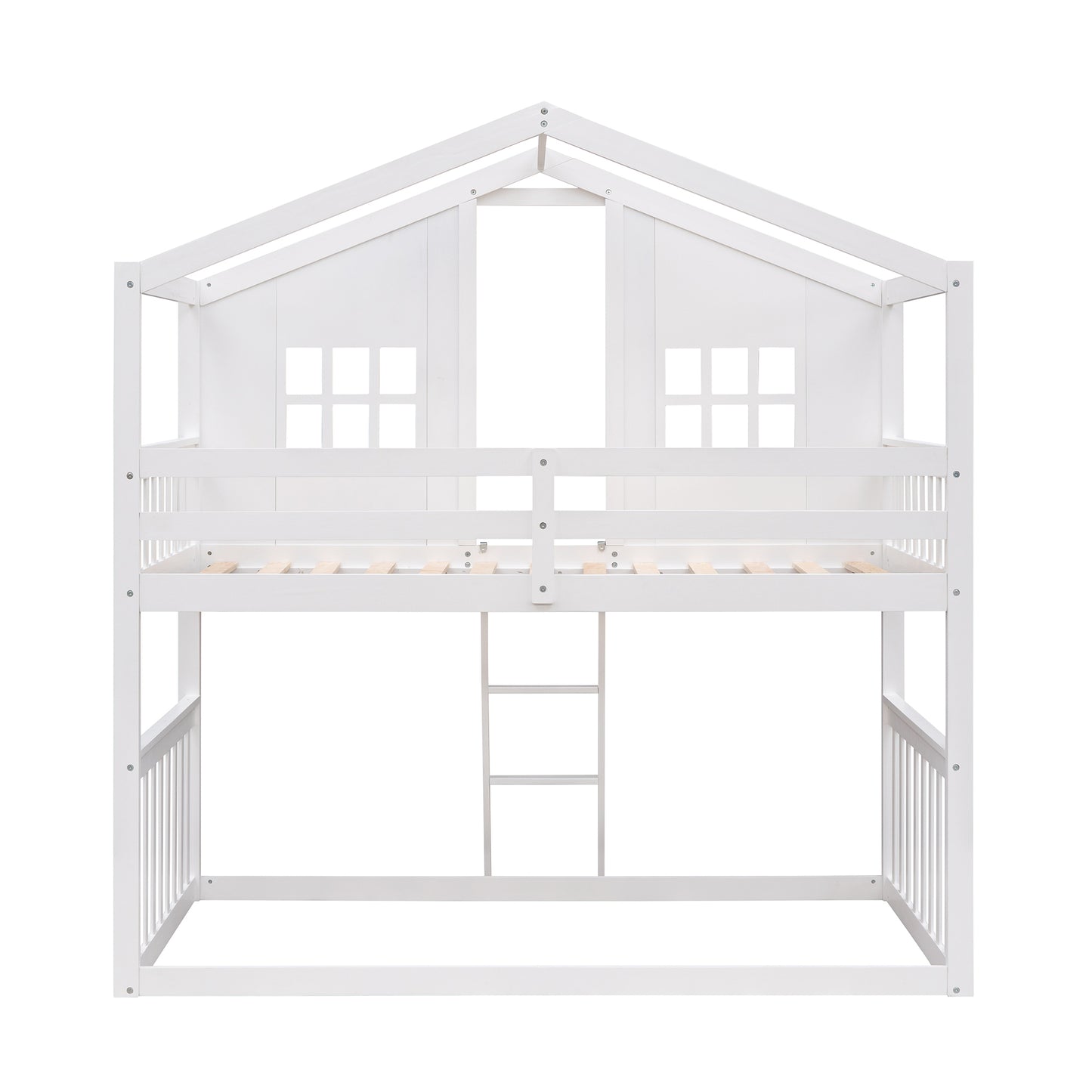 White Wood House Bunk Bed with Skylight - Twin Over Twin