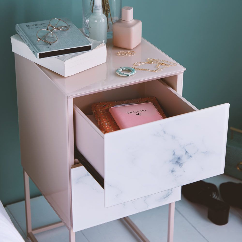 Tempered Glass Marble Stone Double Drawer Bedside Table for Bedroom, Living Room