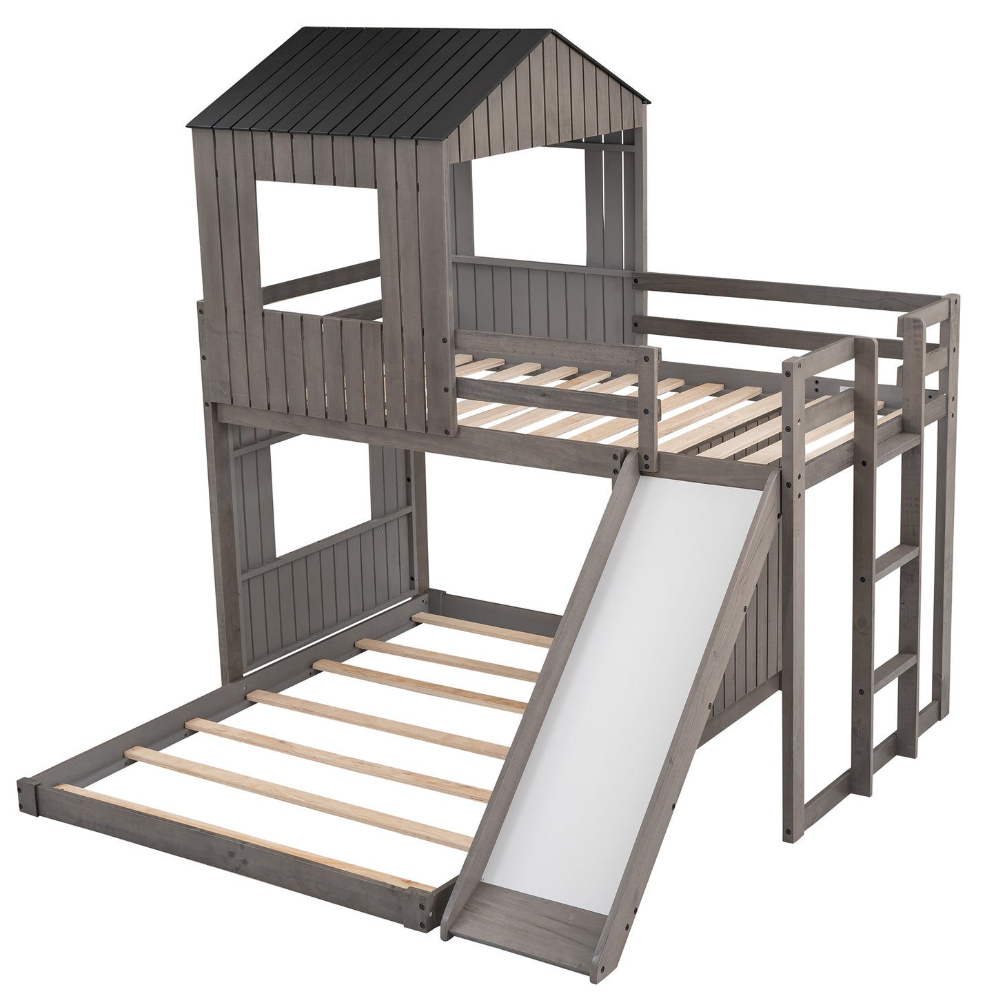 Playhouse Twin Over Full Bunk Bed with Ladder, Slide, and Guardrails in Farmhouse Style