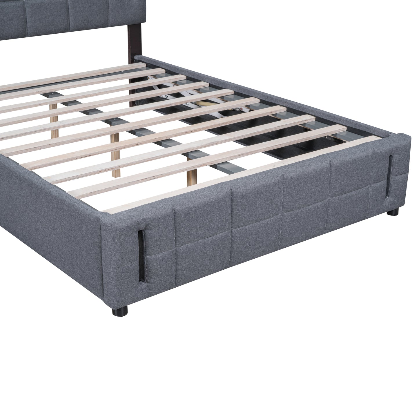 Queen Size Upholstered Bed with Hydraulic Storage System and LED Light, Gray