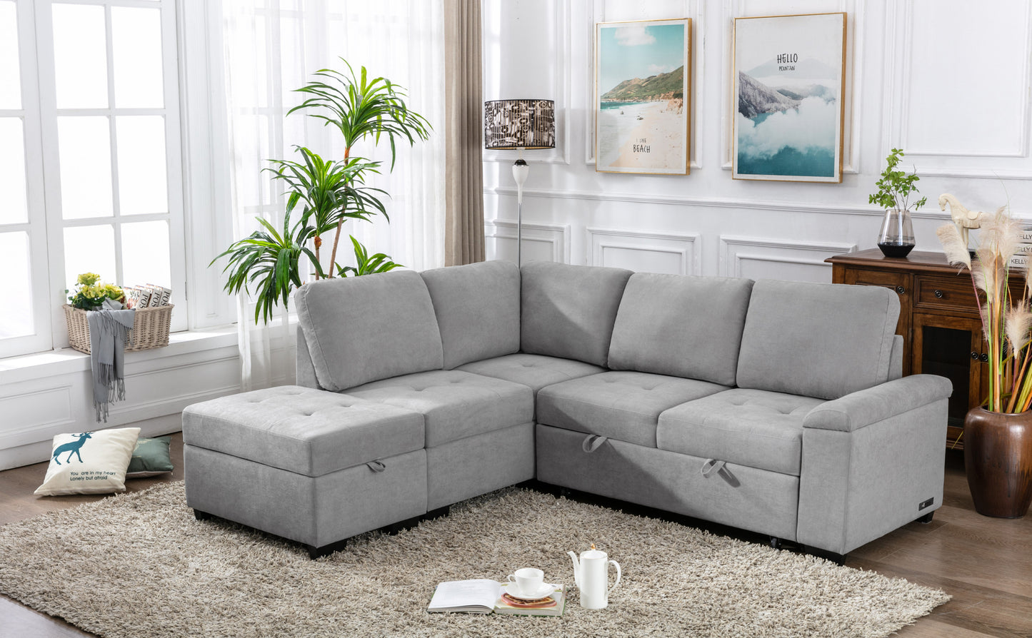 Elegant Gray Sleeper Sectional Sofa with L-Shape Design & Hidden Storage