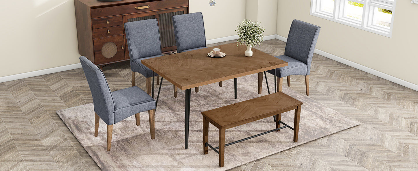 Modern 6-Piece Dining Table Set with V-Shape Metal Legs, Wood Kitchen Table Set with 4 Upholstered Chairs and Bench for 6,Brown