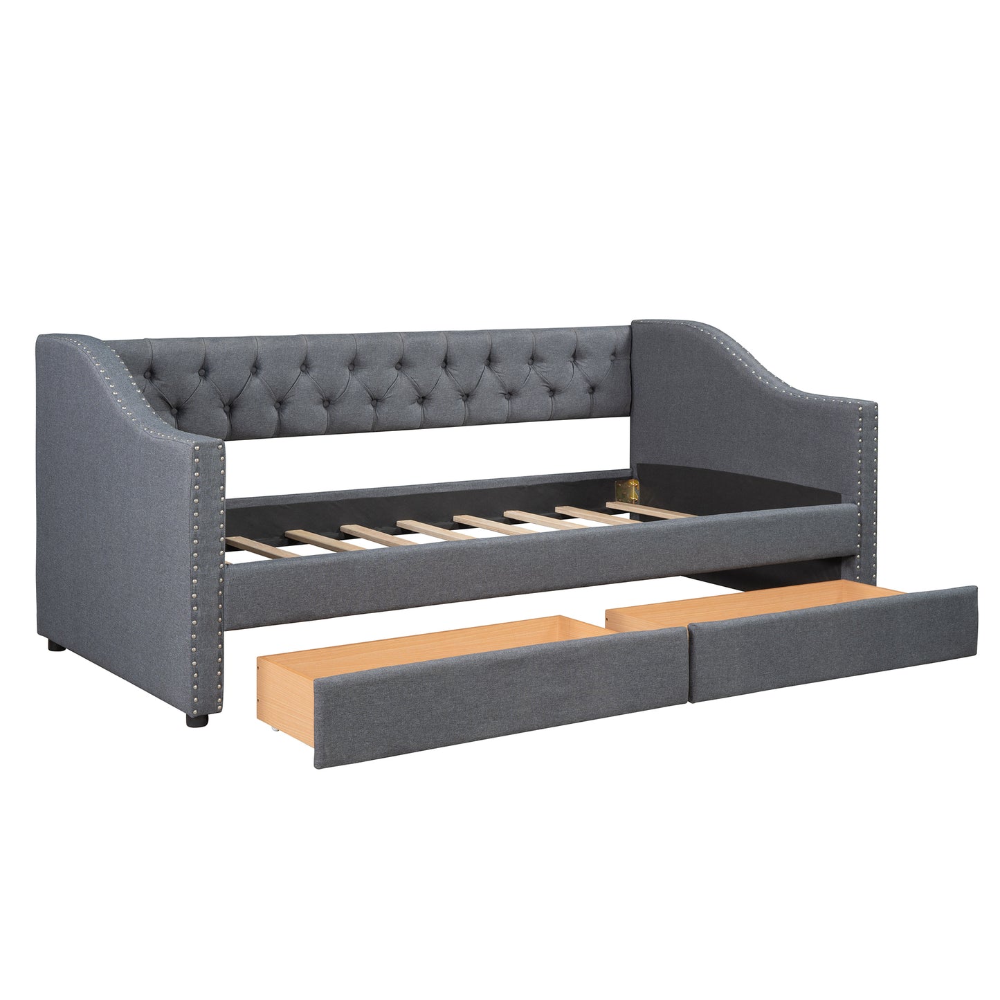 Upholstered Twin Size daybed with Two Drawers, Wood Slat Support, Gray