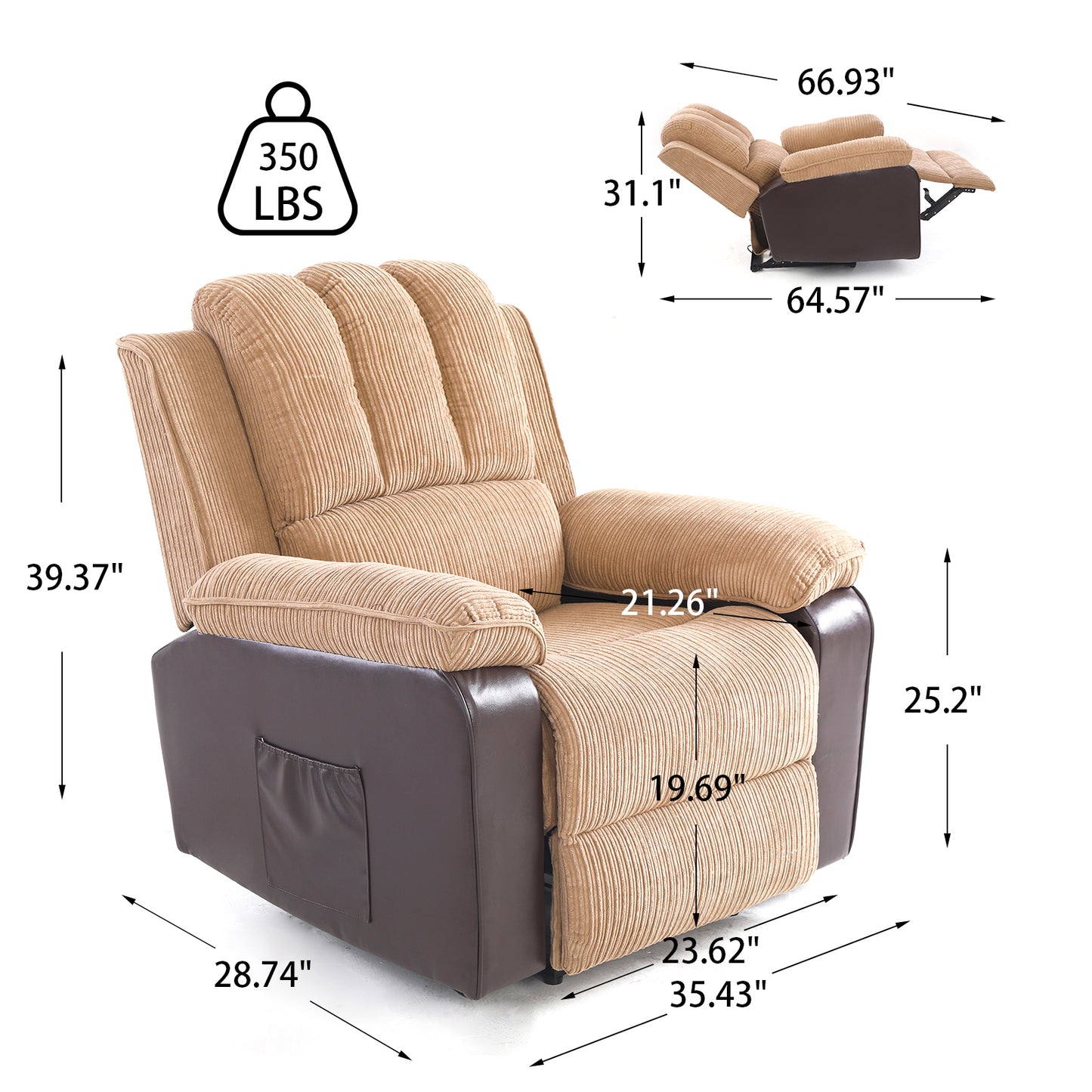 Corduroy + PU material thickened with side pockets armrests ergonomic power sofa chair with 8-point massage heating function