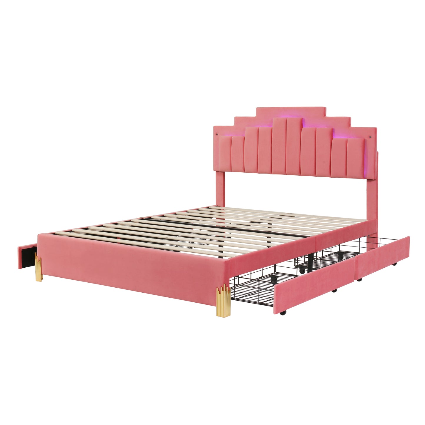 Queen Size Upholstered Platform Bed with LED Lights and 4 Drawers, Stylish Irregular Metal Bed Legs Design, Pink