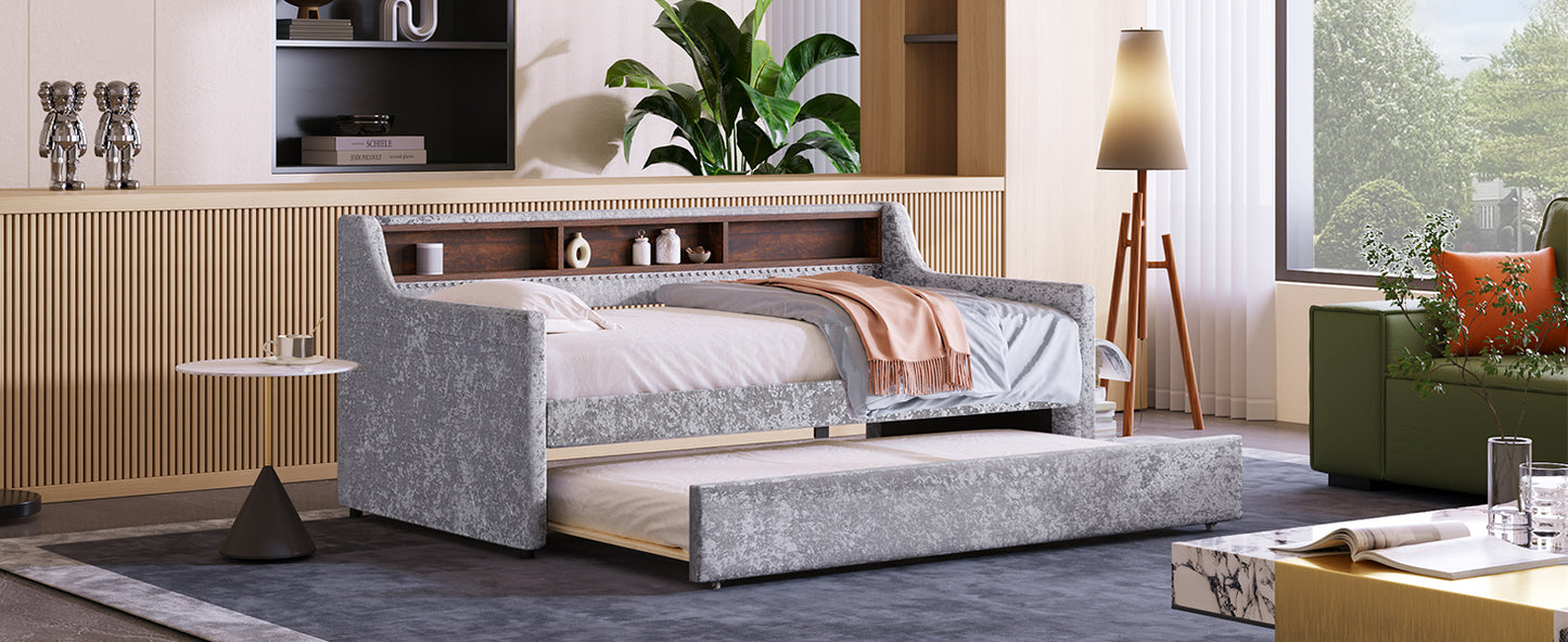 Twin Size Snowflake Velvet Daybed with Trundle and Built-in Storage Shelves,Gray