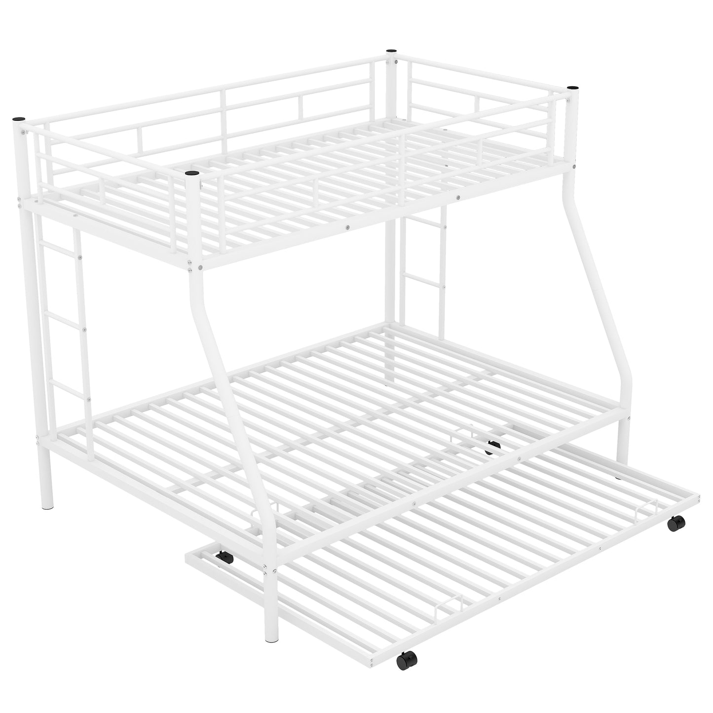 White Steel Frame Twin over Full Bunk Bed with Trundle Bed