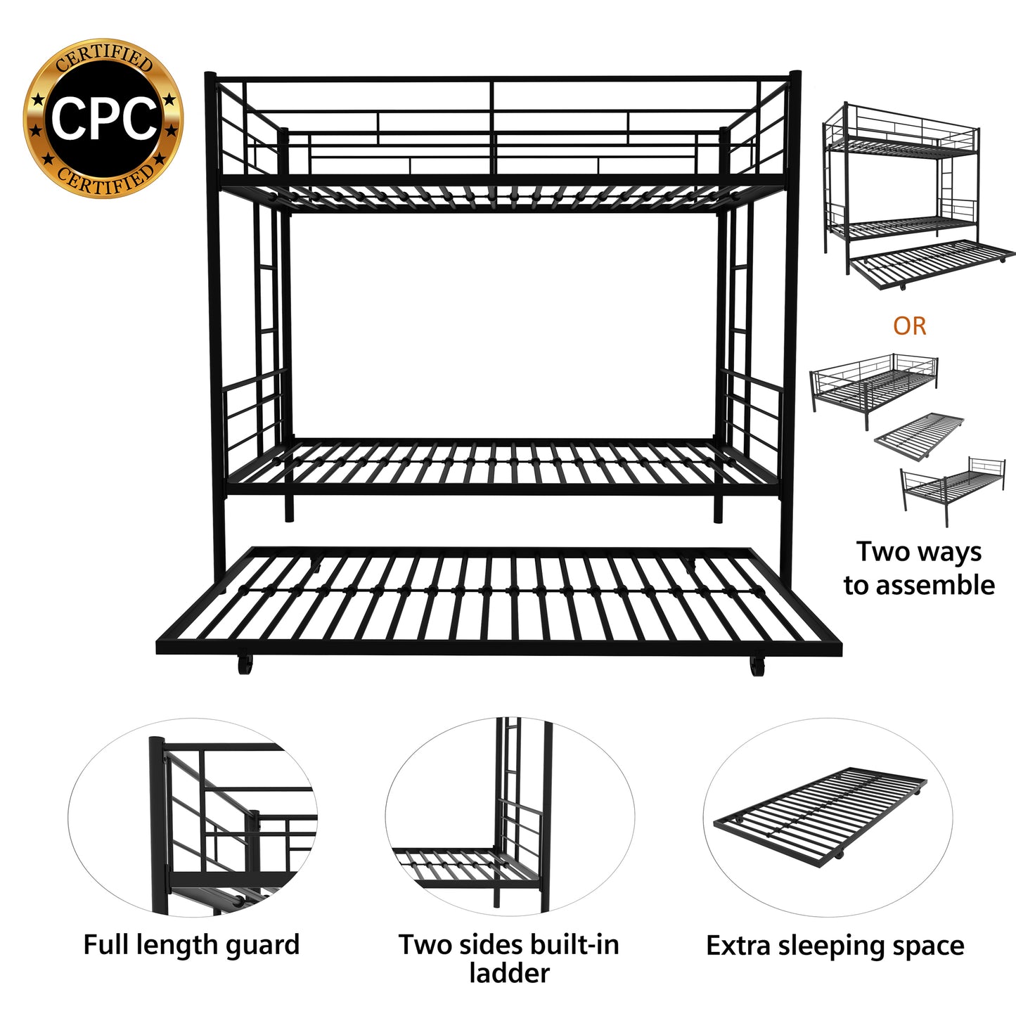 Enhanced Metal Bunk Bed Frame with Trundle - Twin Over Twin (Sturdy Version)