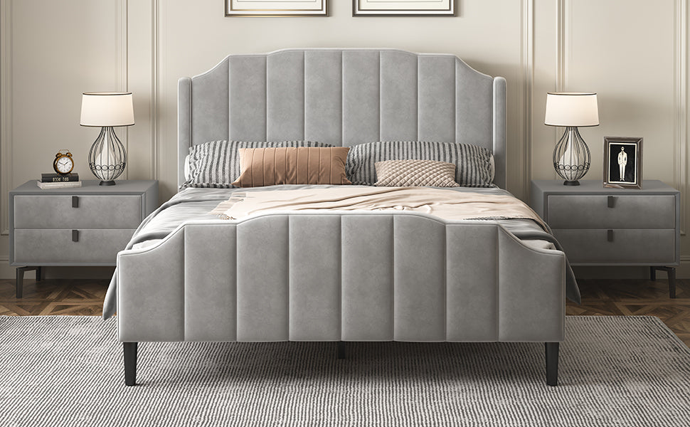 Queen Size Upholstered Platform Bed with Headboard and Footboard,No Box Spring Needed, Velvet Fabric,Gray