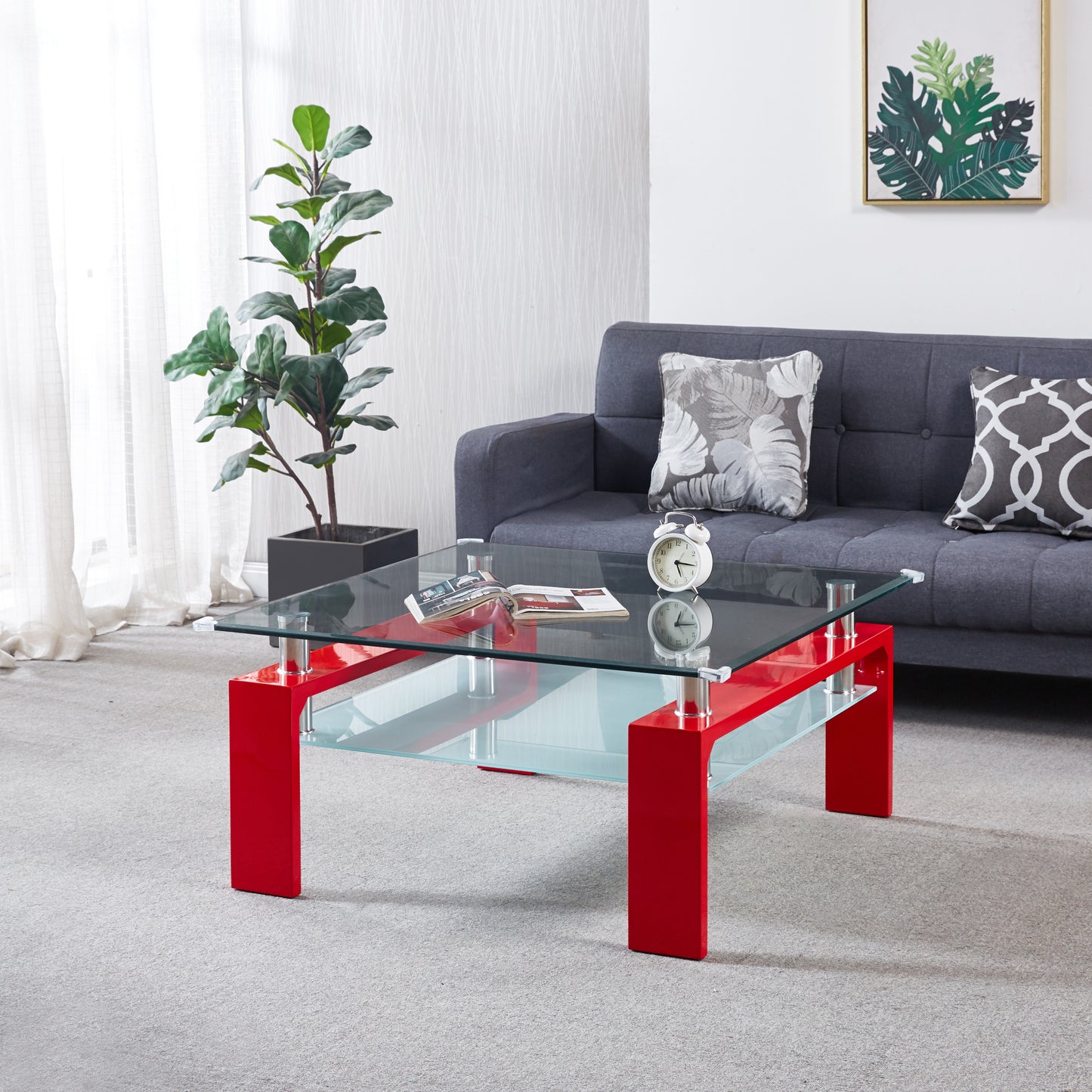 Modern Square Coffee Table with Two-Tier Tempered Glass Top and U-Shaped MDF Legs