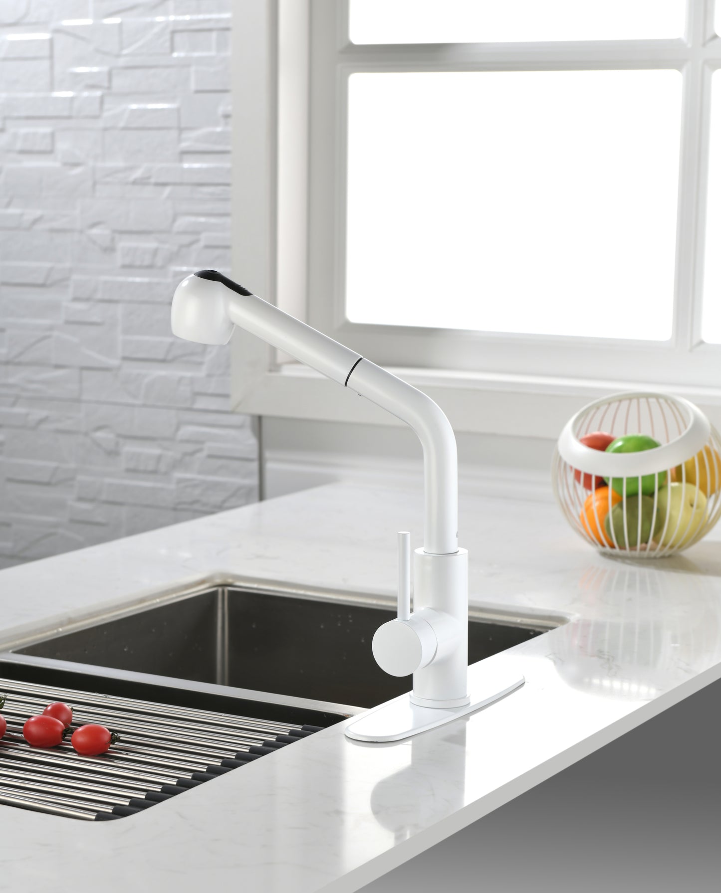 in White Pull-Out Sprayer Kitchen Faucet In Stainless with Deck Plate