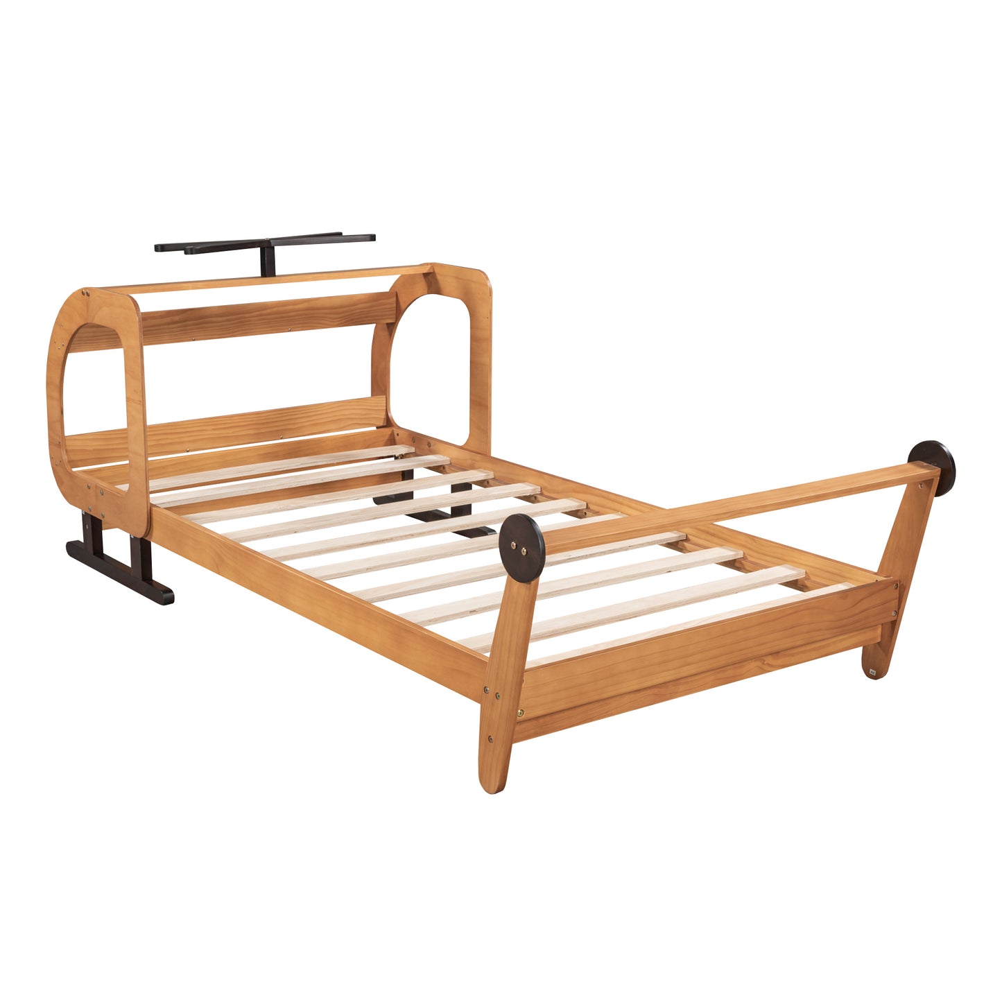 Twin Size Plane Shaped Platform Bed with Rotatable Propeller and Shelves, Natural