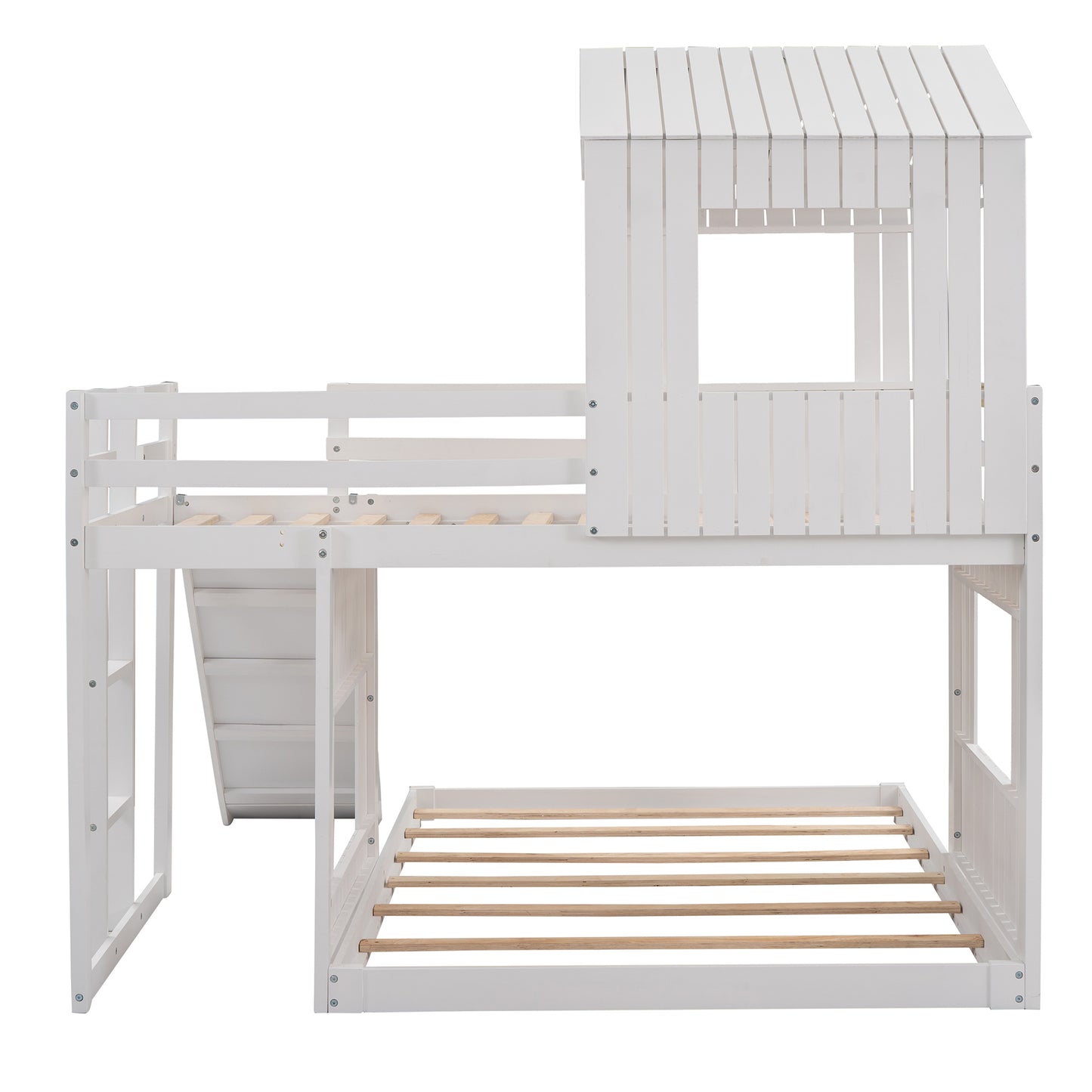 White Wooden Bunk Bed with Playhouse and Slide - Farmhouse Style