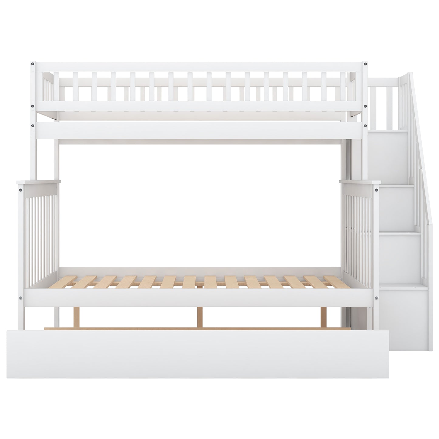 White Twin over Full Bunk Bed with Trundle and Staircase for Shared Sleeping Spaces