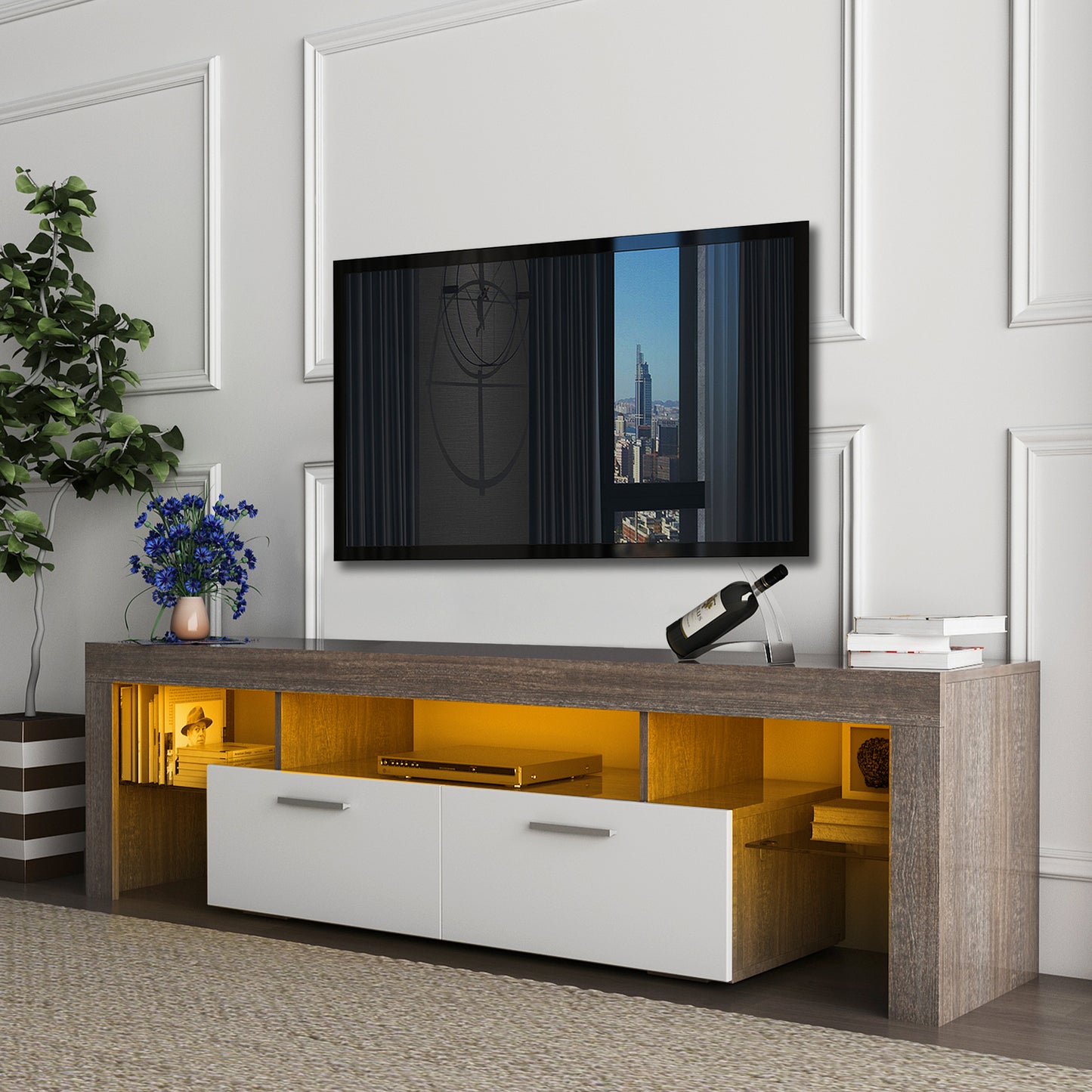 Modern Brown TV Stand with LED Lights and Toughened Glass Shelf