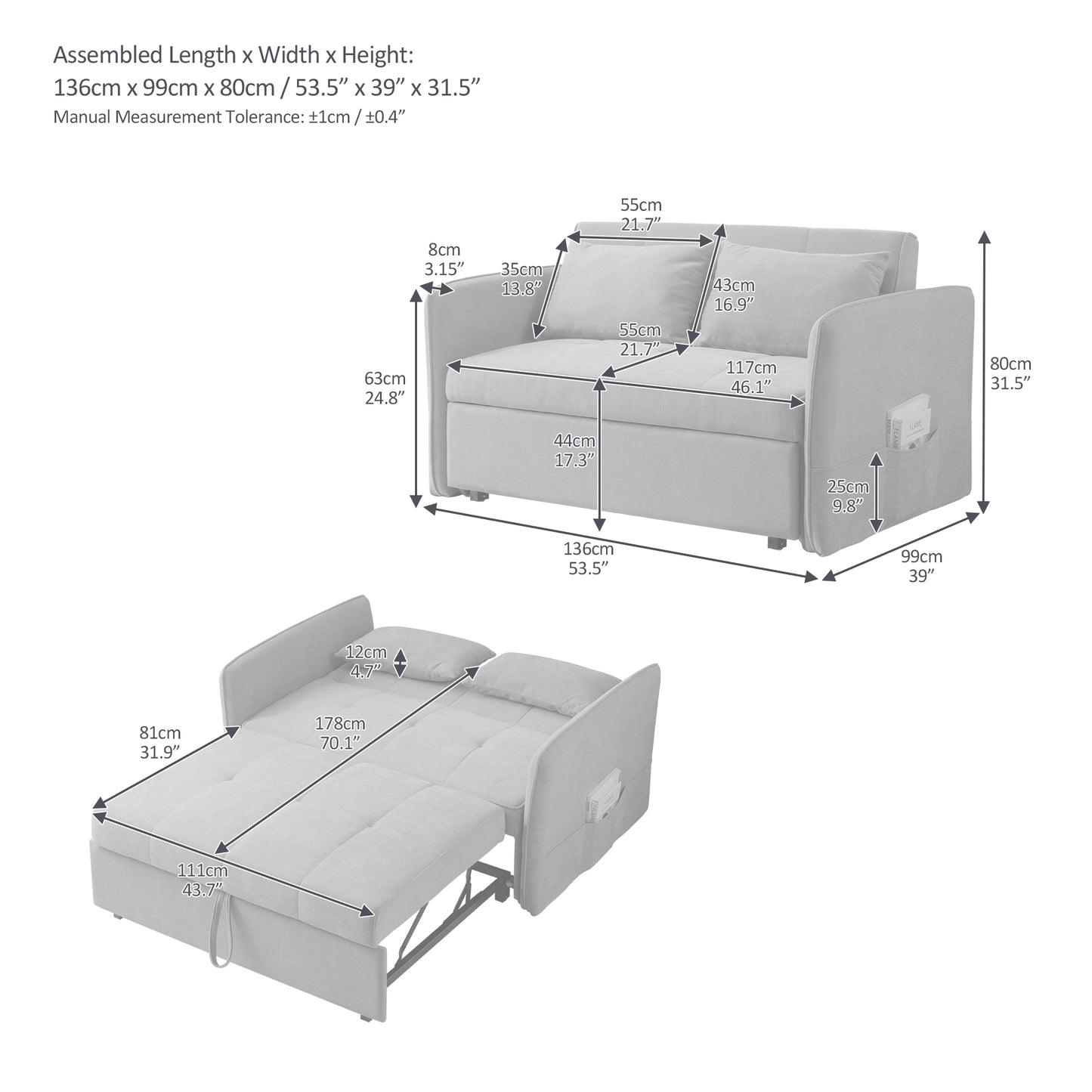 Chenille fabric pull-out sofa bed,sleeper loveseat couch with adjustable armrests-Grey