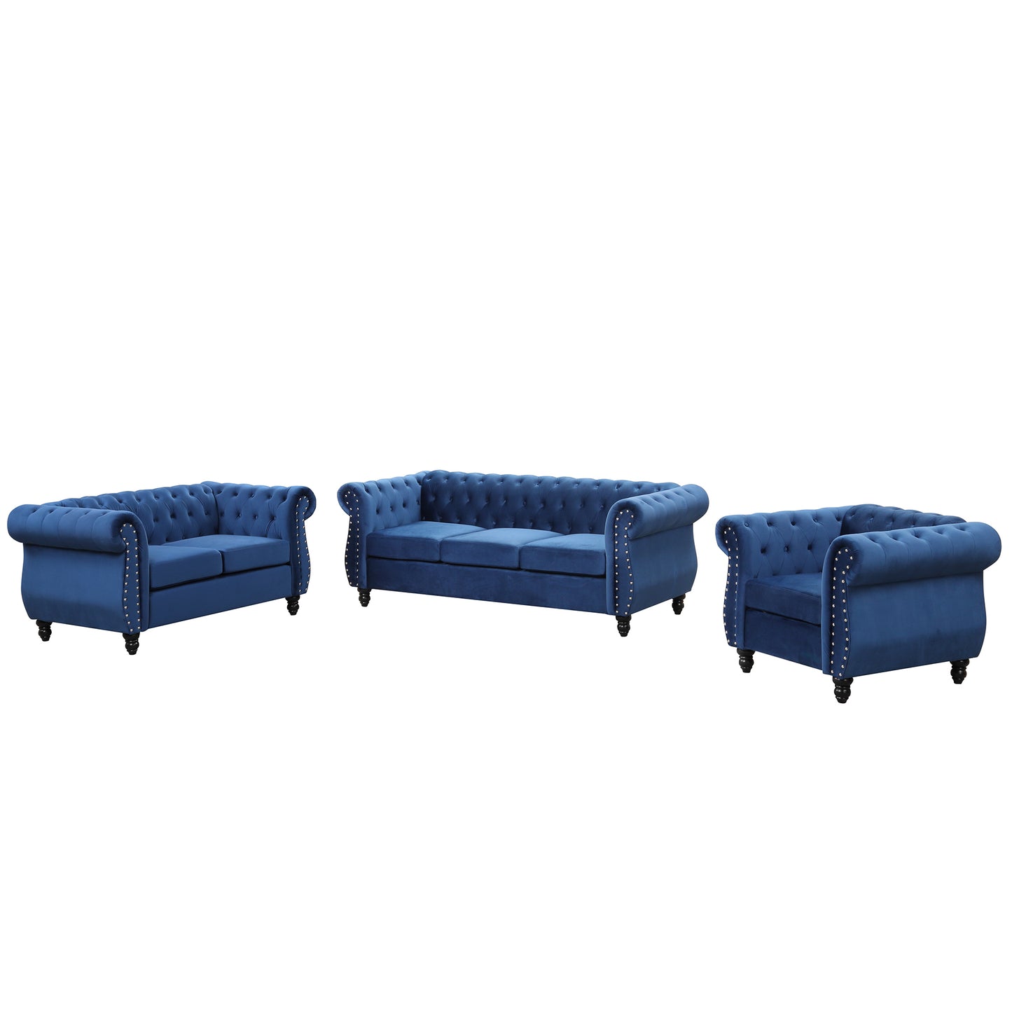 Modern three-piece sofa set with solid wood legs, button-down tufted backrest, Dutch velvet upholstered sofa set including three-seater sofa, two-seater and living room furniture set Single chair