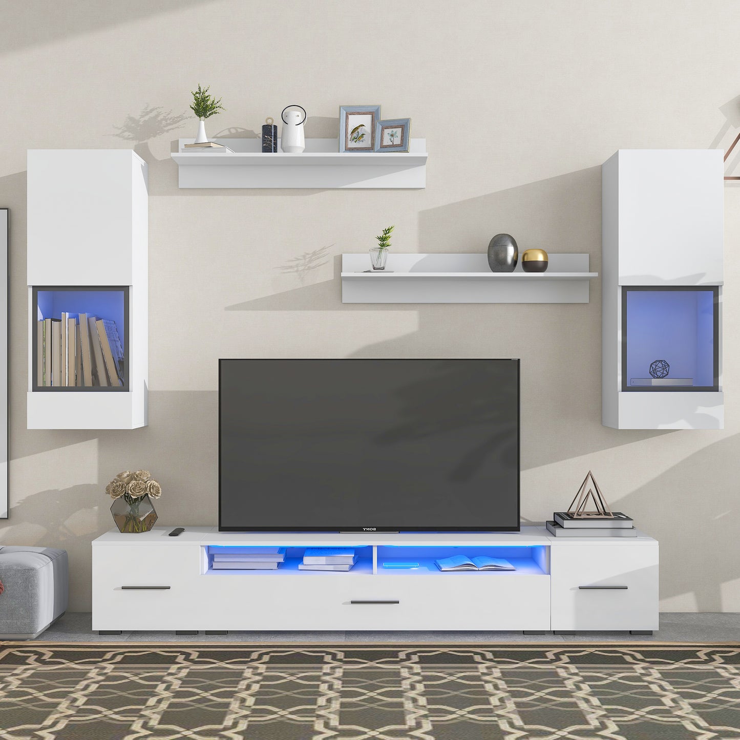 Elegant White Floating TV Stand Set with LED Lights - Versatile Minimalist Entertainment Center for Large TVs