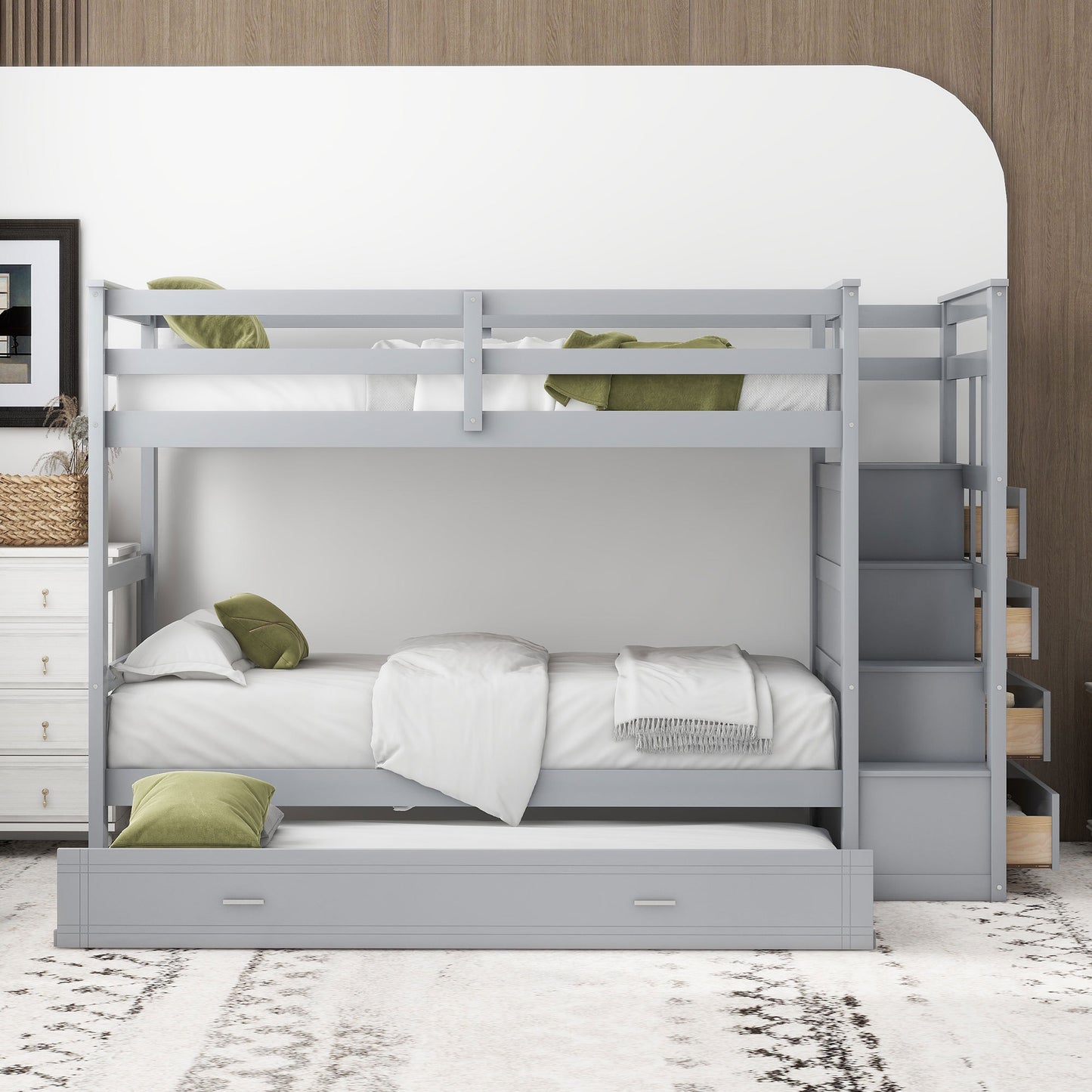 Gray Twin Bunk Bed with Trundle Staircase