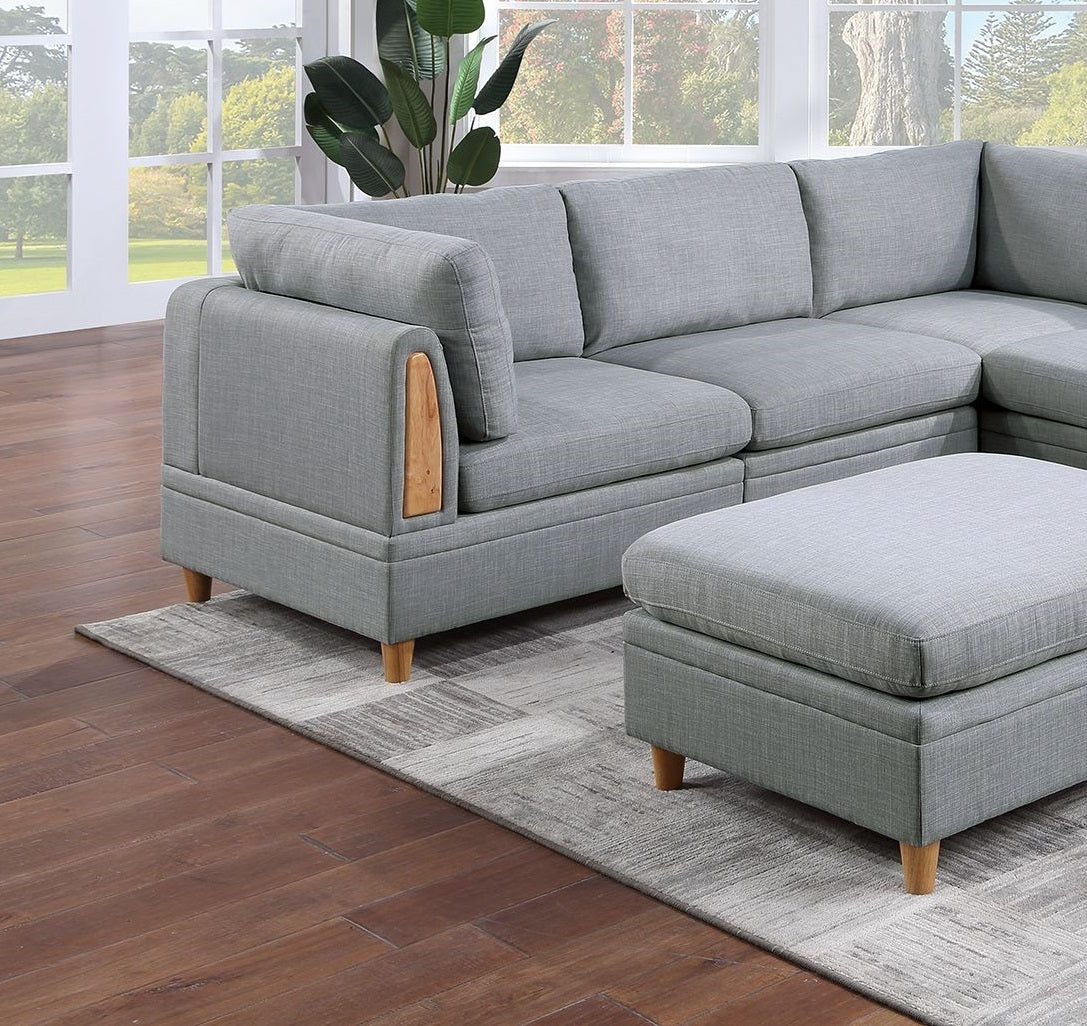 Light Grey Dorris Fabric 6-Piece Modular Sofa Set with Ottoman