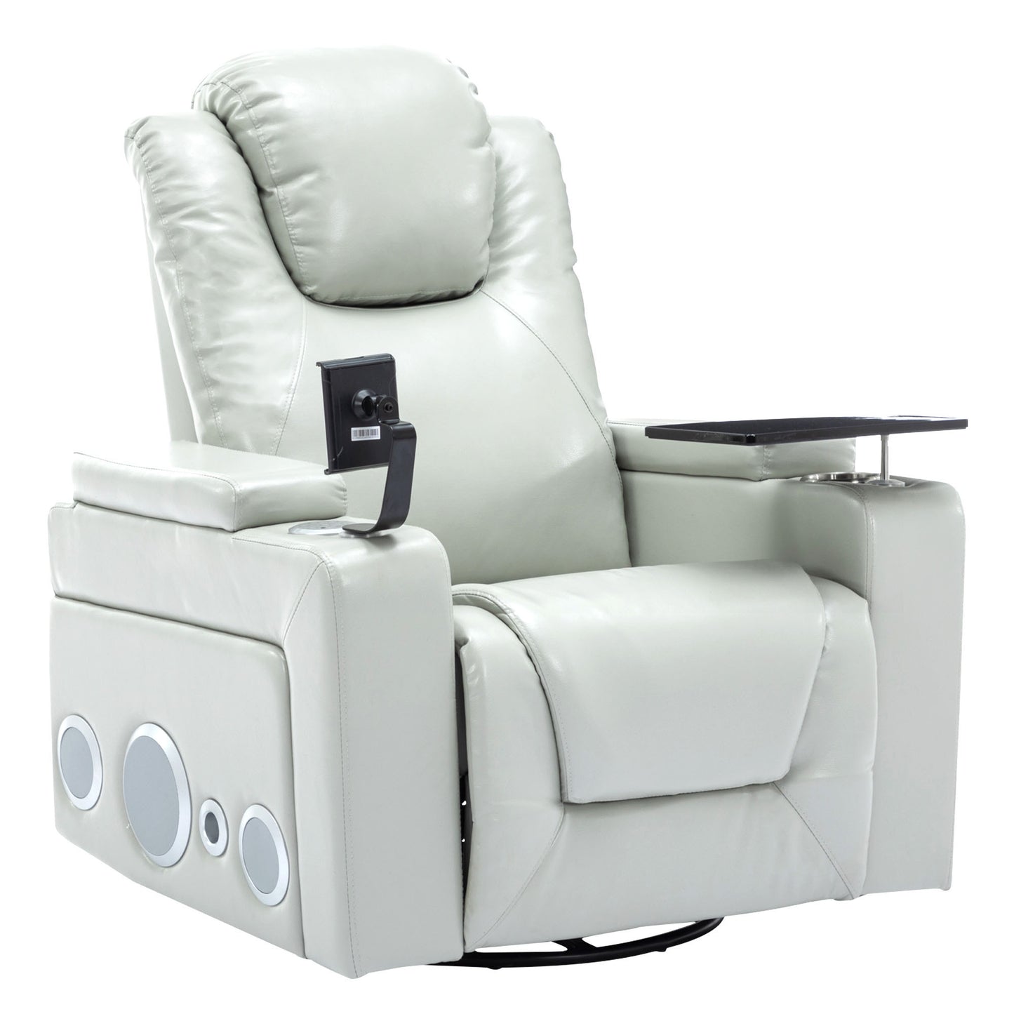 Luxurious Grey PU Leather Power Recliner with Surround Sound and Storage.