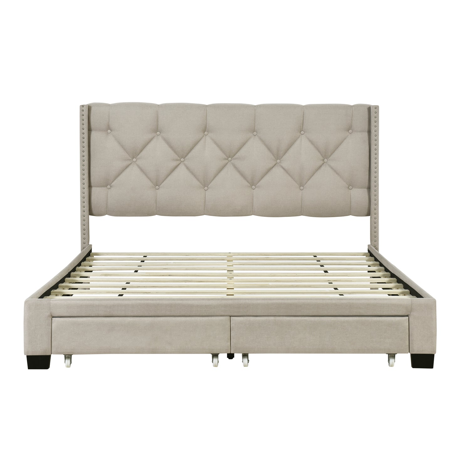 Queen Size Storage Bed Linen Upholstered Platform Bed with Two Drawers - Beige