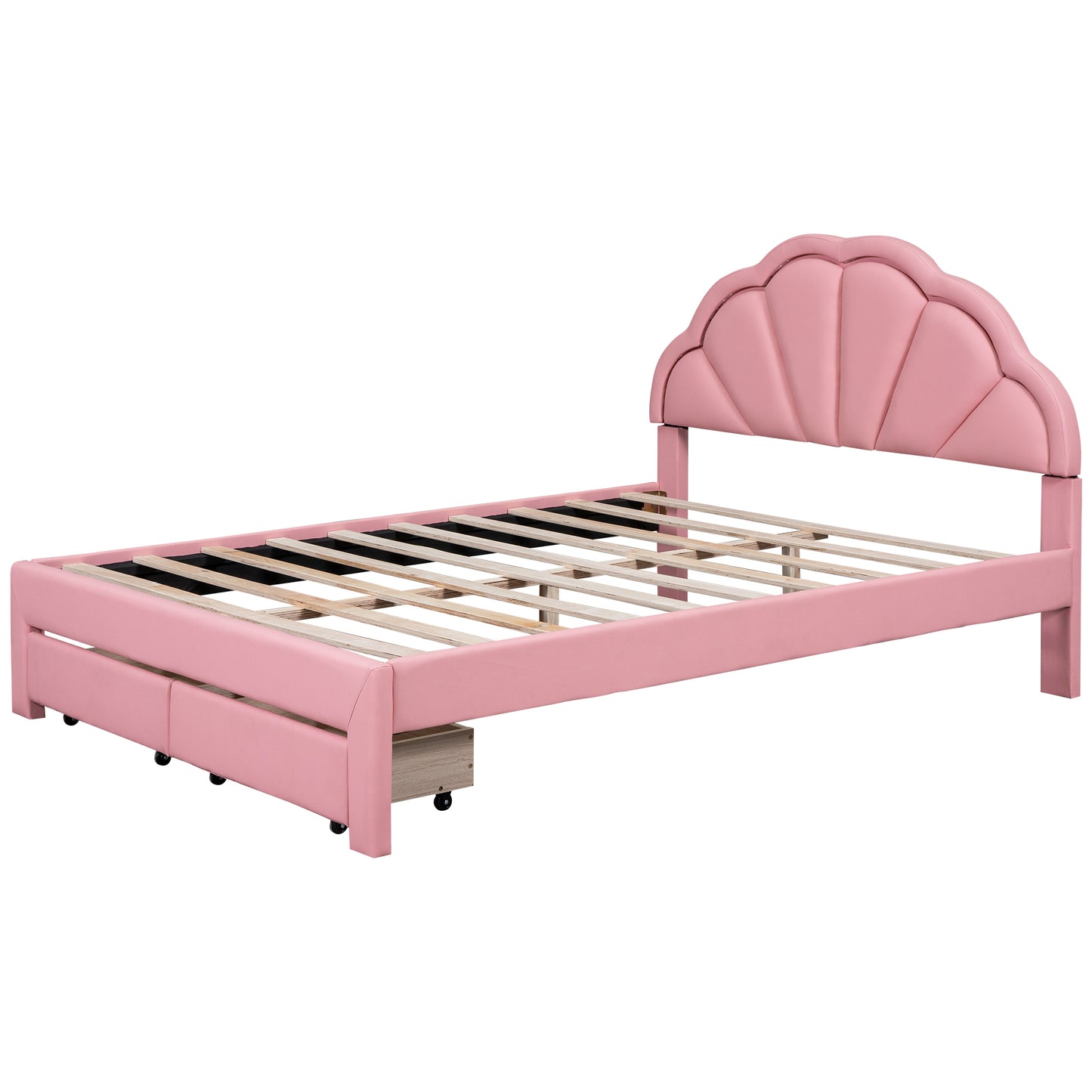 Queen Size Upholstered Platform Bed with Seashell Shaped Headboard, LED and 2 Drawers, Pink