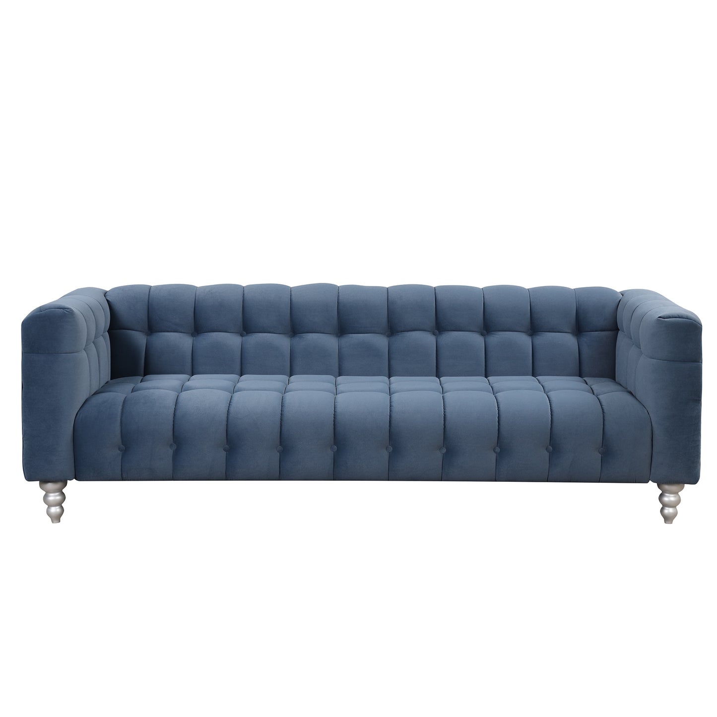 89 Modern Blue Upholstered Sofa with Tufted Backrest and Solid Wood Legs