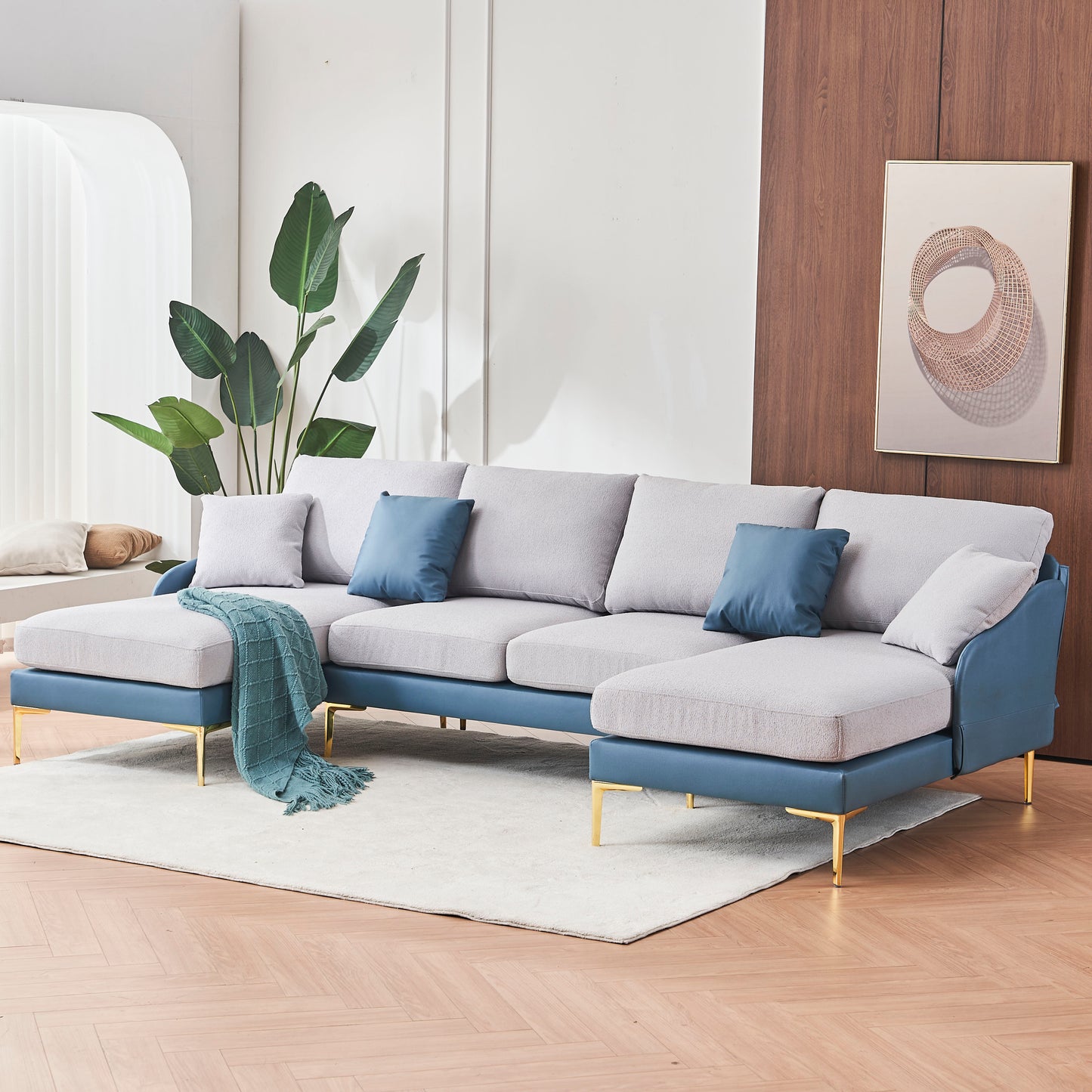 Modern large area Linen+Leathaire fabric color matching segmented sofa, ultra wide lounge chair, golden legs, U-shaped, blue+light gray