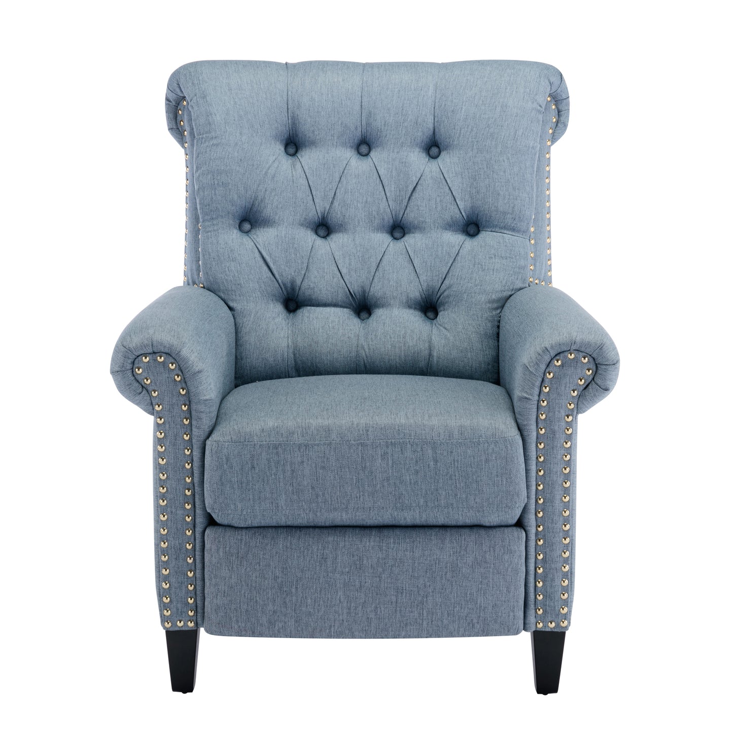 Luxurious Blue Linen Recliner with Pushback Function and Nailhead Trim