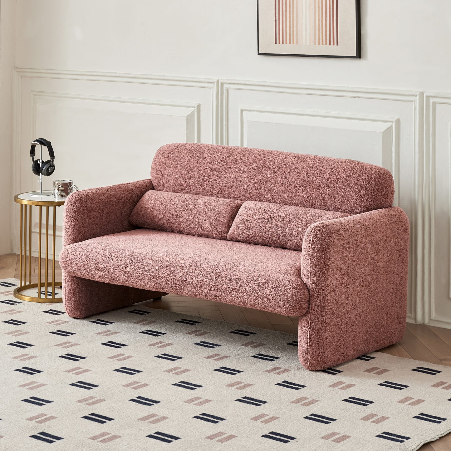 59 Pink Lamb Fleece Fabric Loveseat with Support Pillow