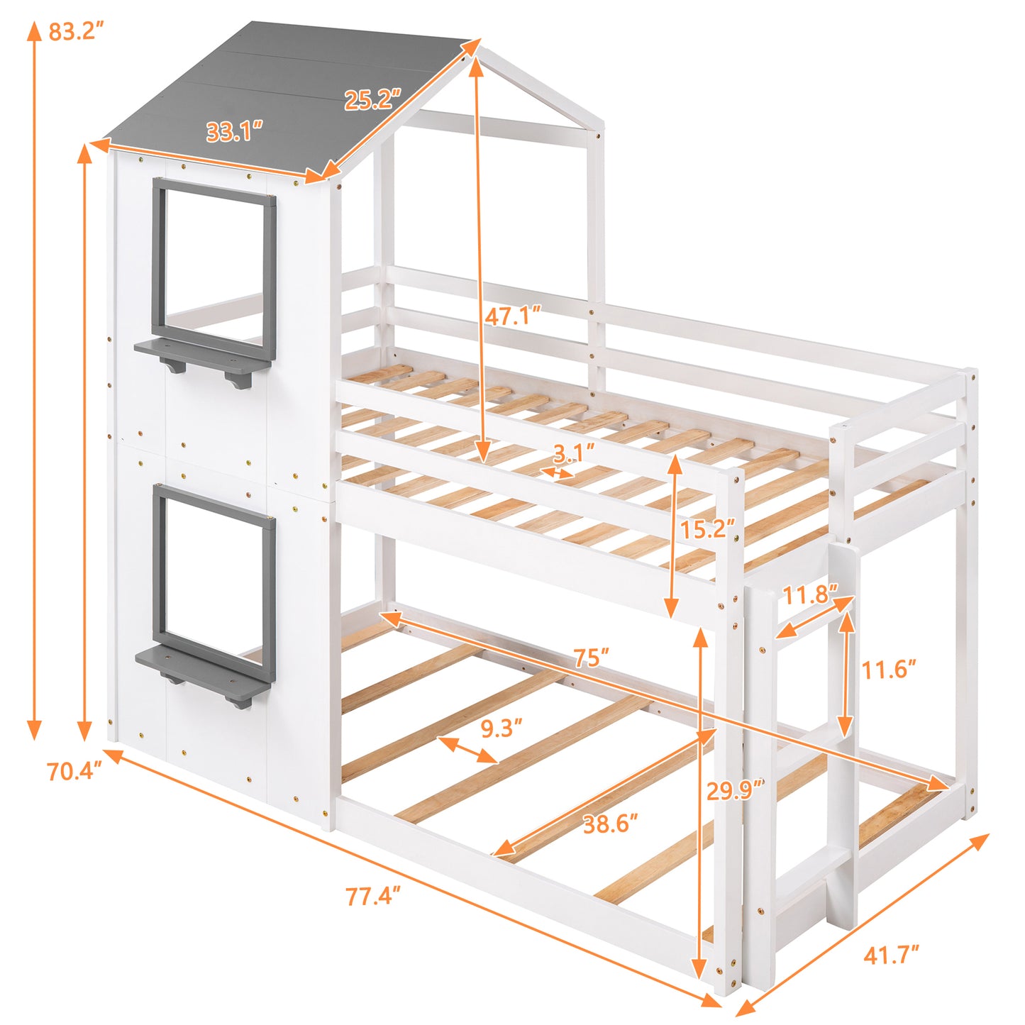 White Wooden Playhouse Bunk Bed with Roof and Guardrail