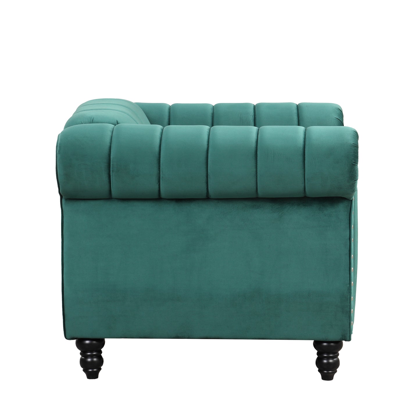 Modern Green Upholstered Sofa with Tufted Backrest and Solid Wood Legs