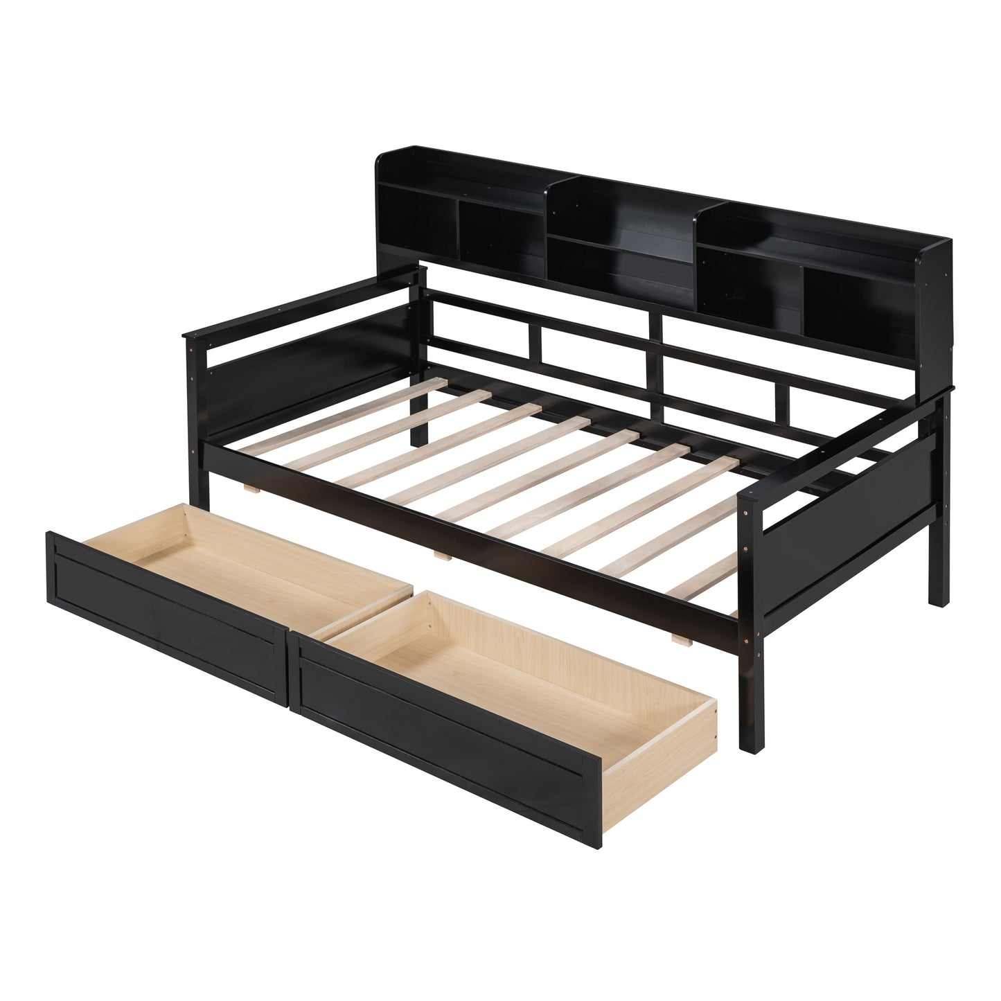 Twin size Daybed, Wood Slat Support, with Bedside Shelves and Two Drawers, Espresso