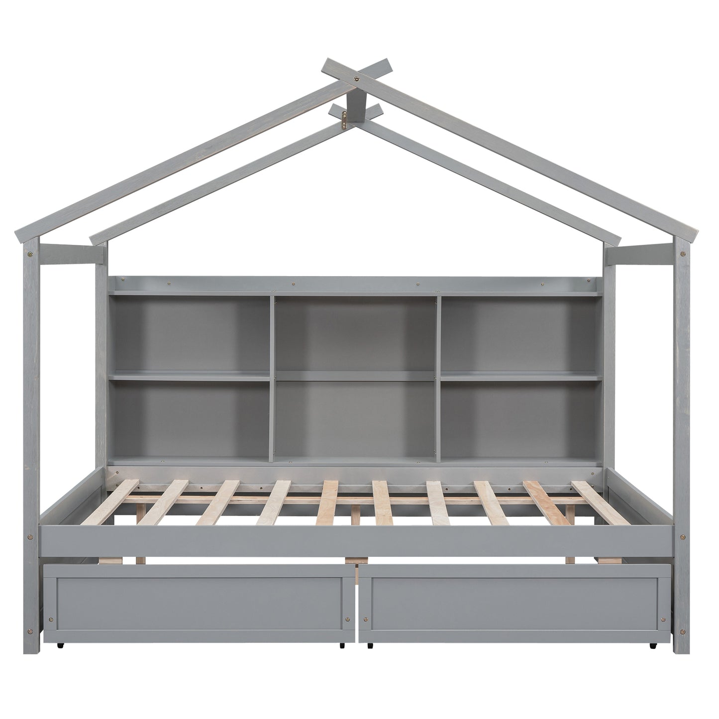 Full Size House Bed with Storage Shelves and 2 Drawers, Brushed Gray