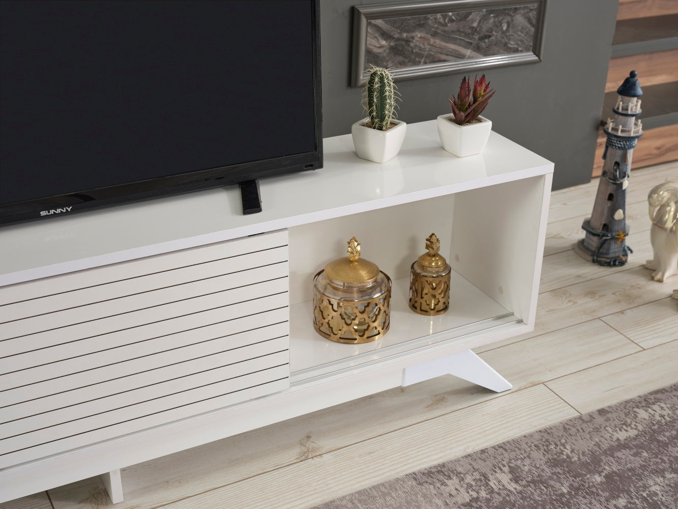 Luxia Mid Century Modern TV Stand with Storage Cabinets and Shelves in White