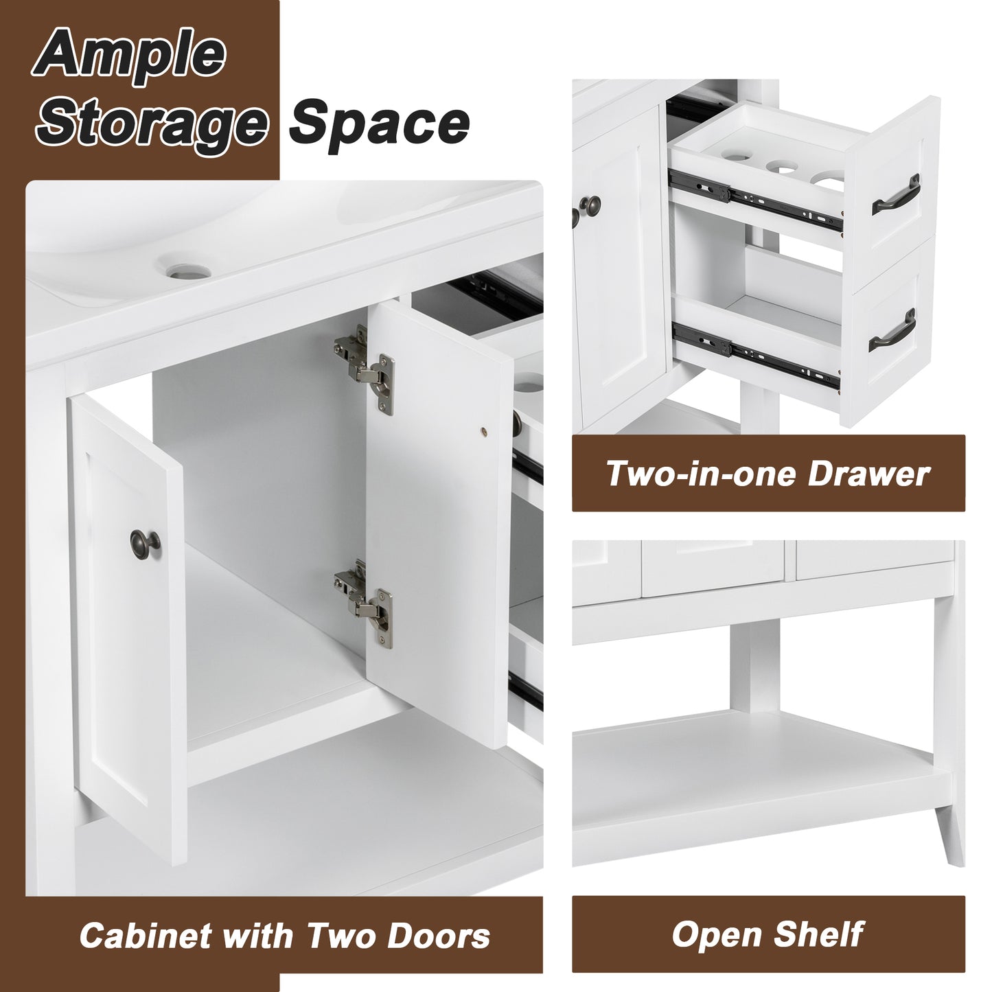 30" Bathroom Vanity with Ceramic Sink Top, Vanity Cabinet with Multi-Functional Drawer, Solid Wood Legs, White