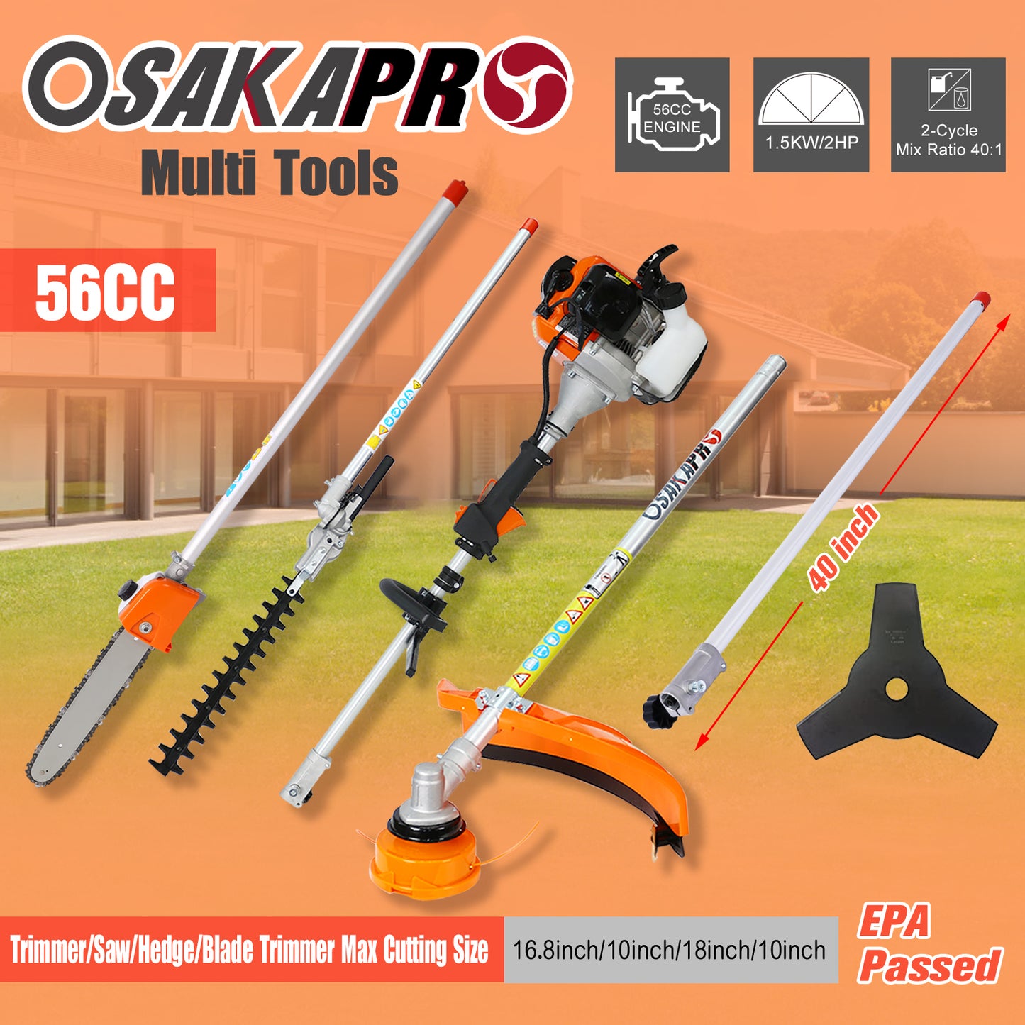 8 in 1 Multi-Functional Trimming Tool, 56CC 2-Cycle Garden Tool System with Gas Pole Saw, Hedge Trimmer, Grass Trimmer, and Brush Cutter EPA Compliant