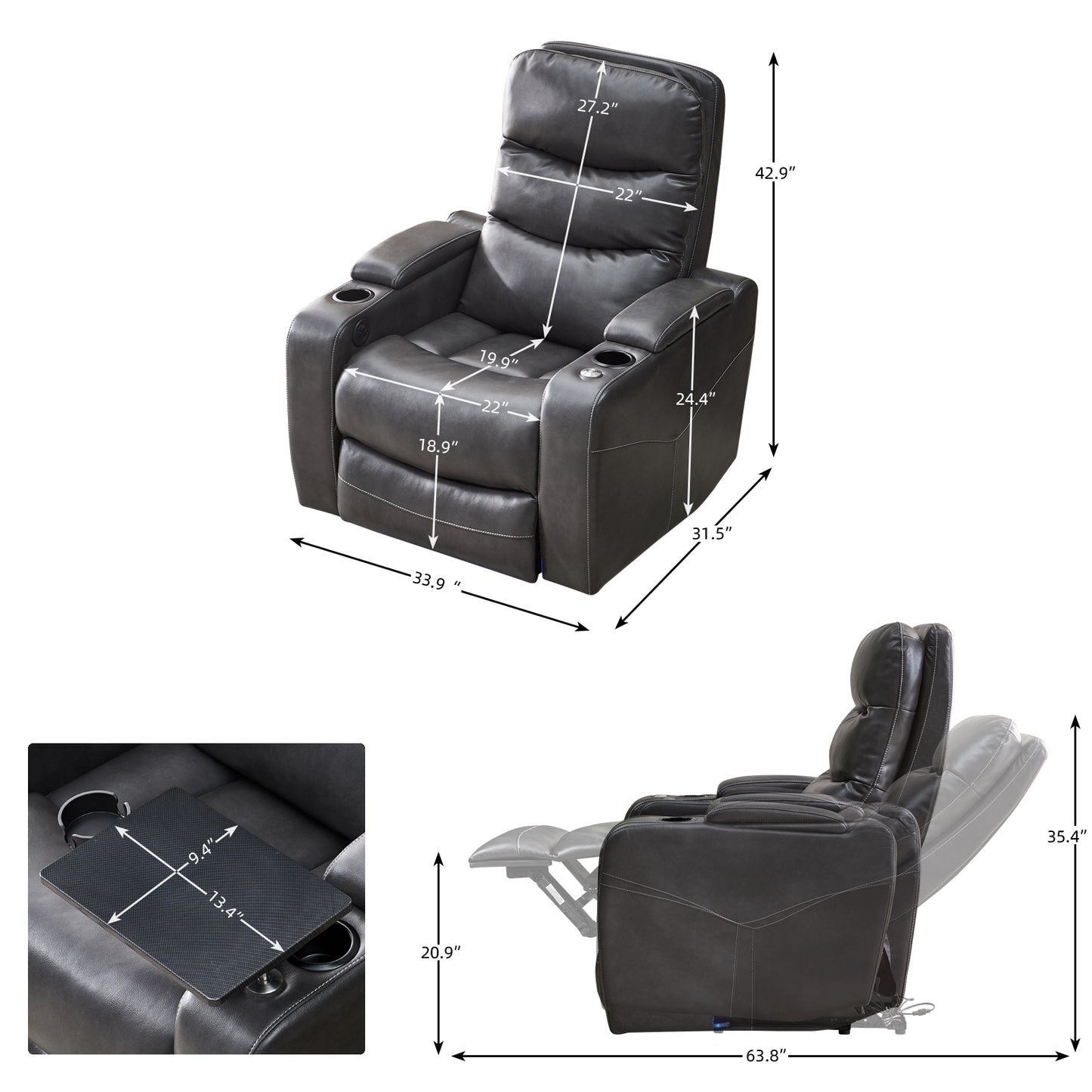 Luxury Gray Power Recliner with Writing Board, LED Strip, and Drawers