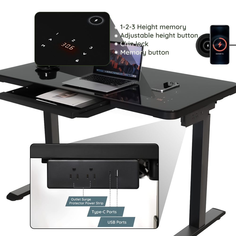 Sleek Glass Top Sit-Stand Desk with Wireless Charging Feature