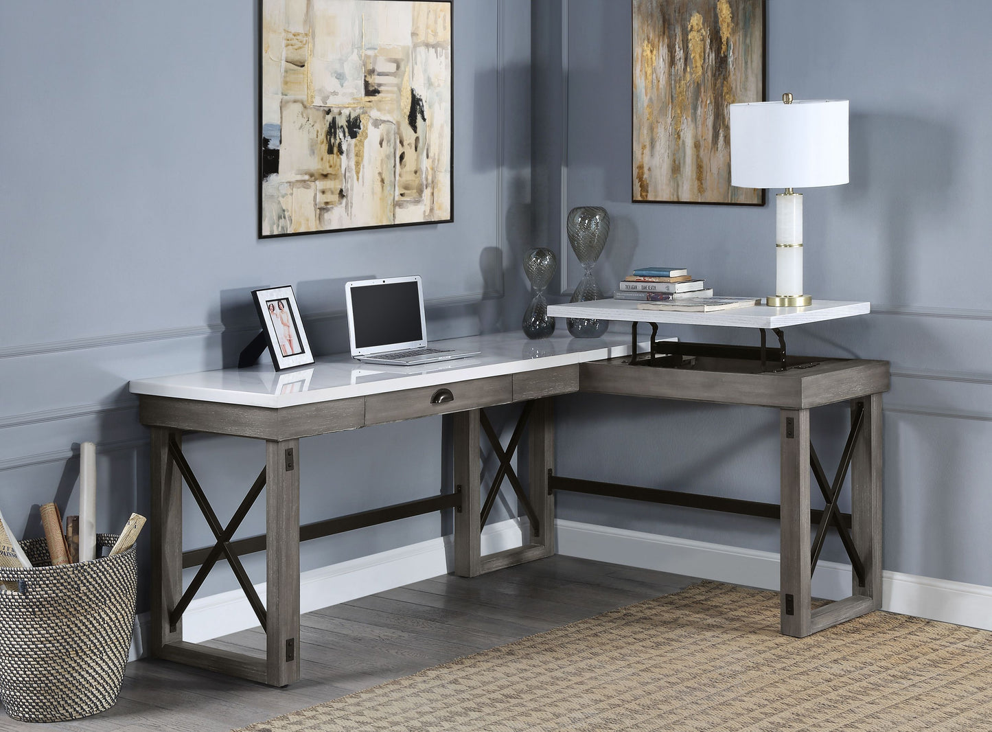 Sophisticated Marble Top Writing Desk with Lift Function and Timeless Gray Finish