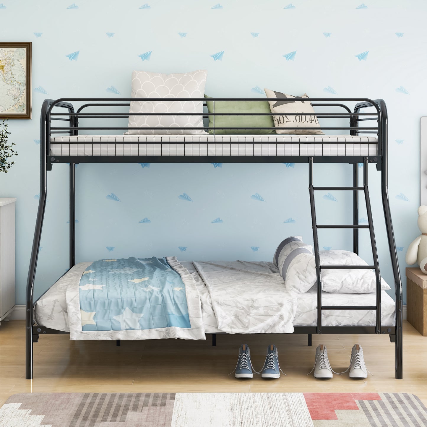 Solid Black Metal Twin-Over-Full Bunk Bed with Upgraded Safety Features