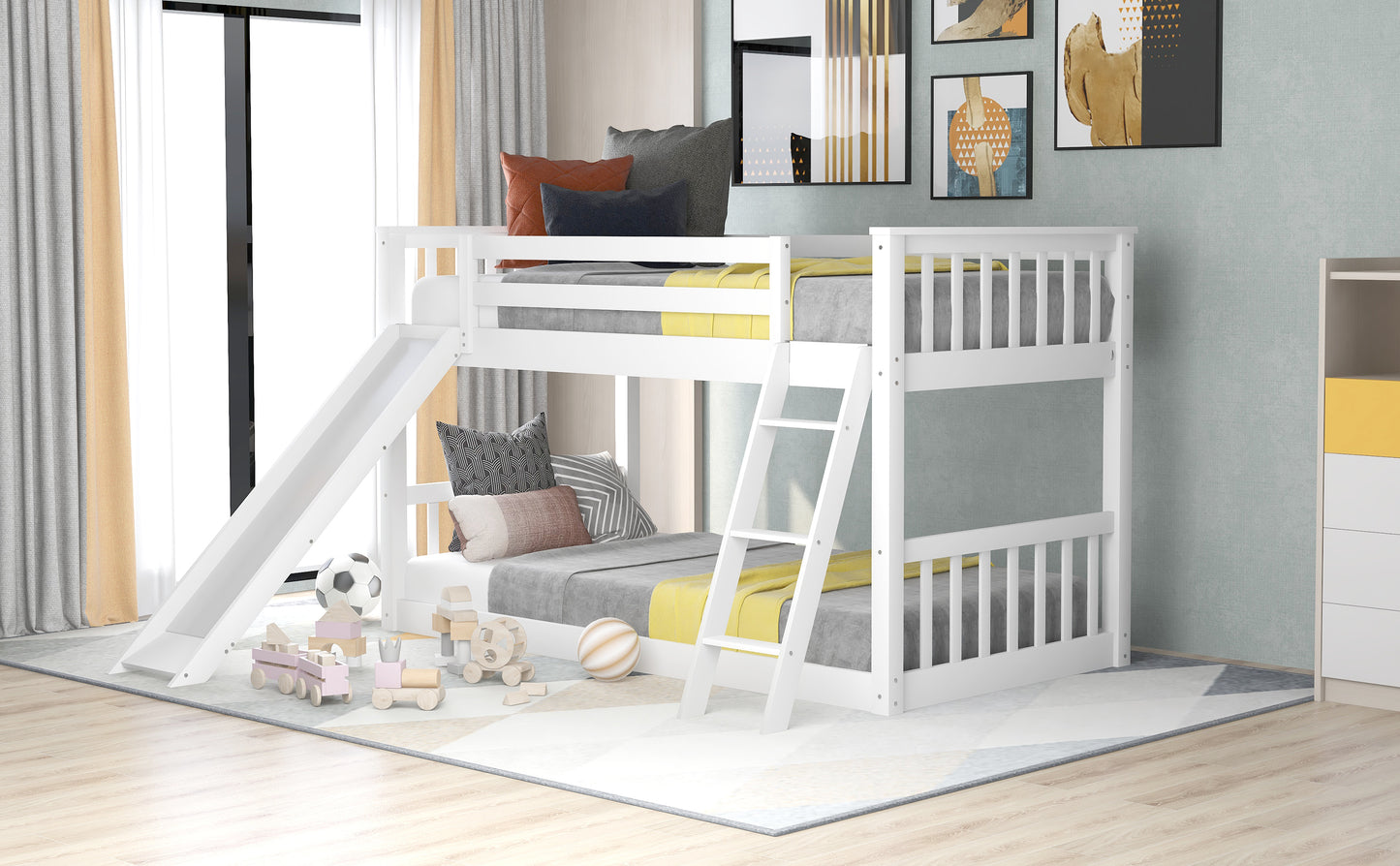 Convertible White Twin Bunk Bed with Slide and Ladder for Compact Spaces